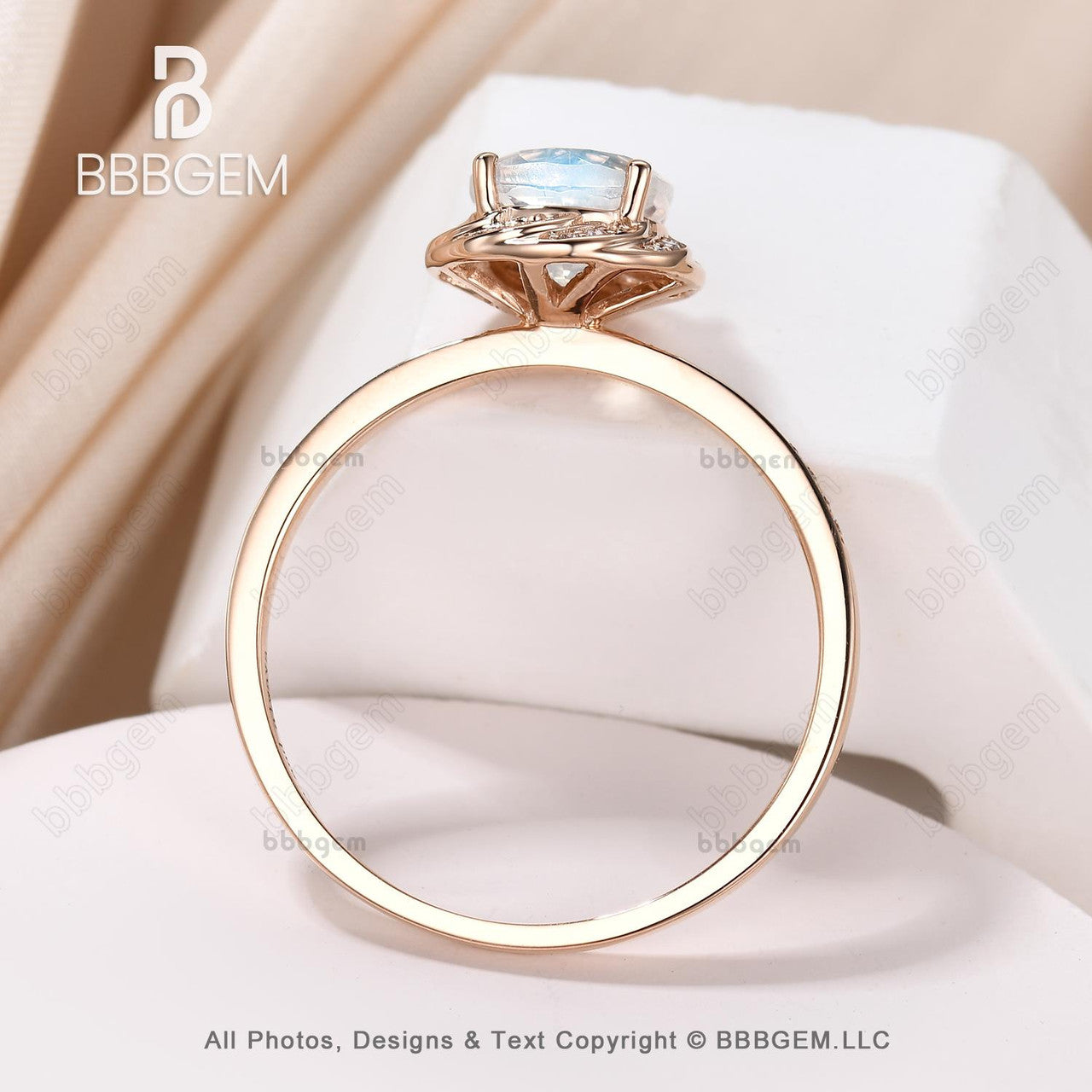 Vintage 7mm round Rainbow Moonstone Engagement Ring Rose Gold Women