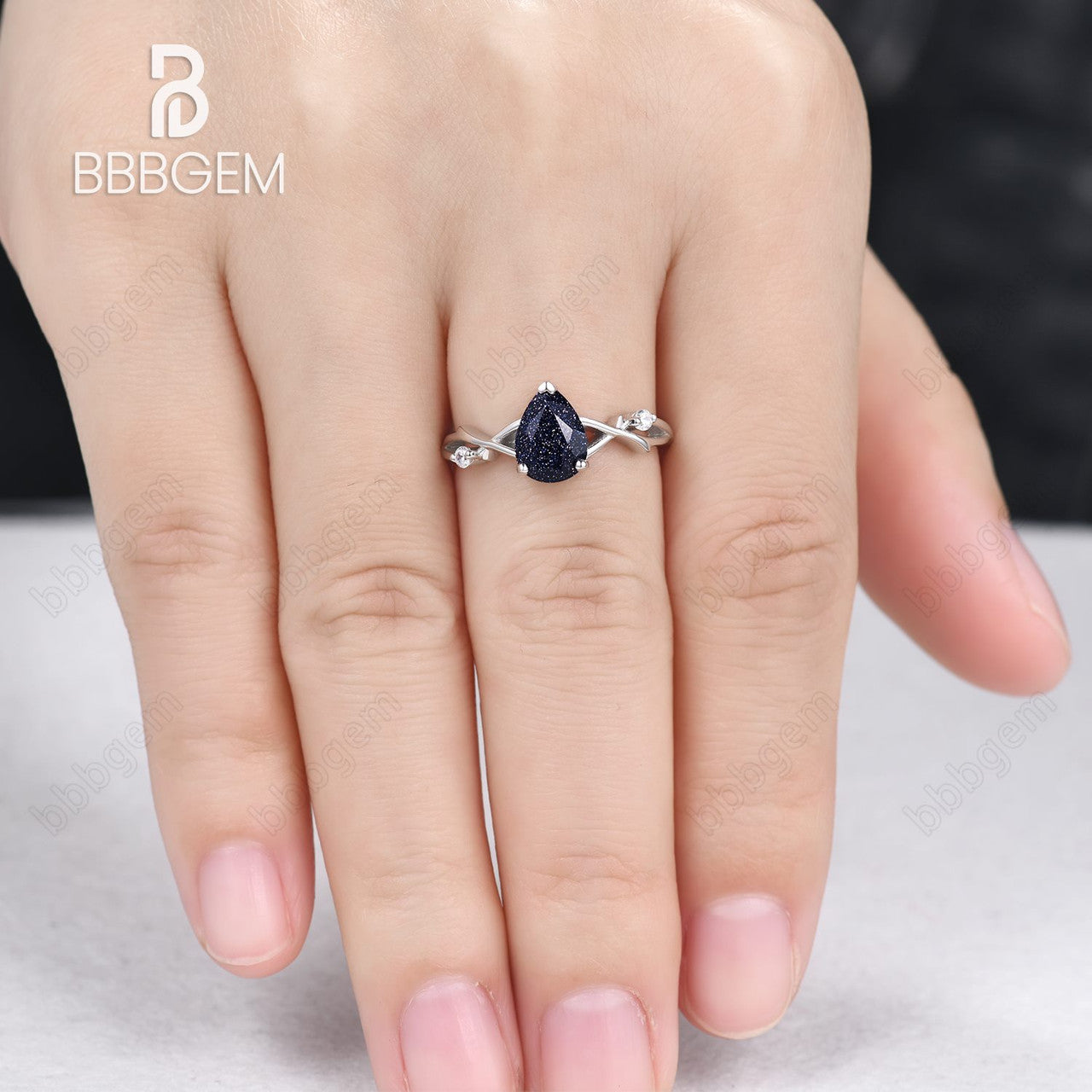 Vintage Twig Ring For Woman Twisted Ring Wedding Ring Pear Bluesandstone-Blue Goldstone twig branch wedding ring-bbbgem white gold blue sandstone ring