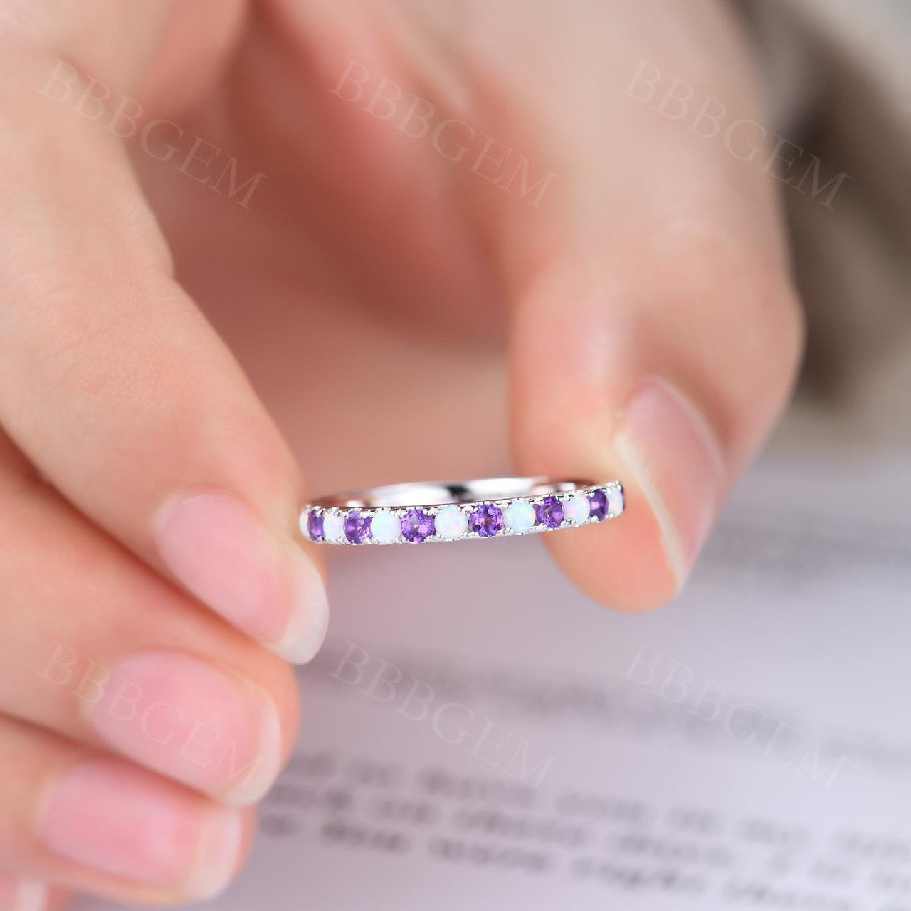 White Gold Amethyst Ring Band-White Purple Opal Amethyst Band-Half eternity band-bbbgem