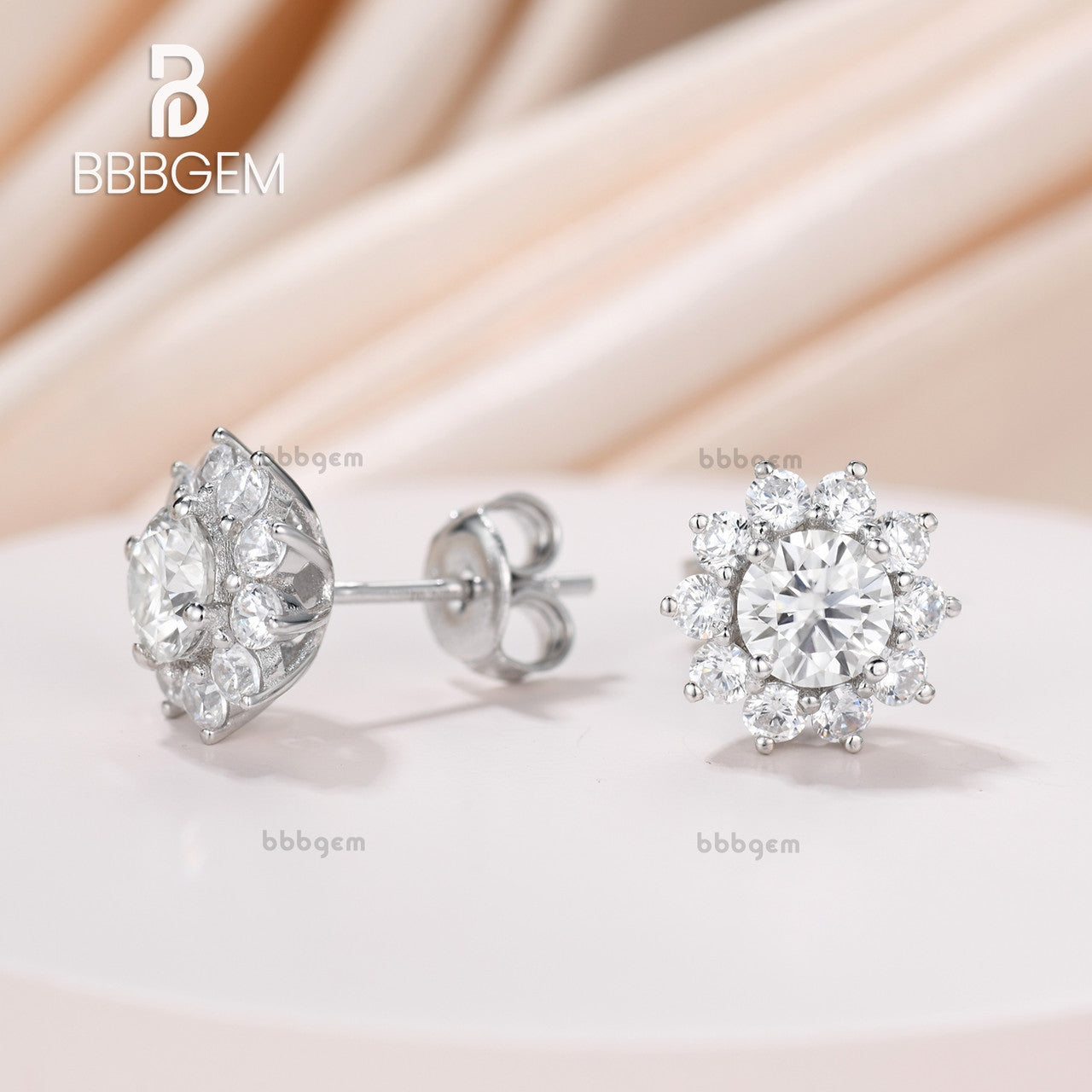 White Gold Floral Halo Studs Earrings-Round Moissanite Earring For Women-BBBGEM Cluster Sunflower Moissanite Silver Earrings