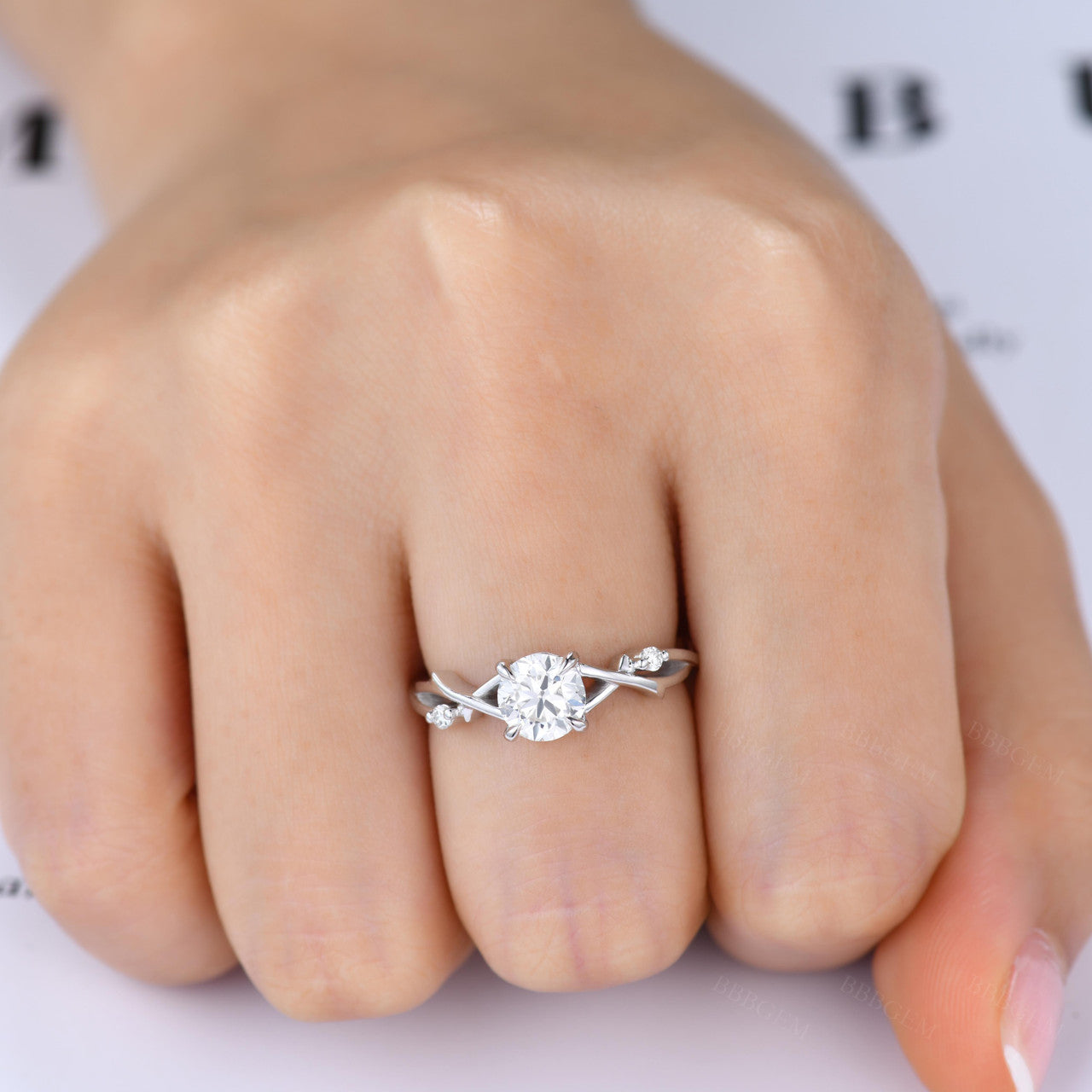 White Gold Moissanite Round Ring-Nature Inspired Moissaite Gold Ring-BBBGEM Vine Infinity Diamond Engagement Rings