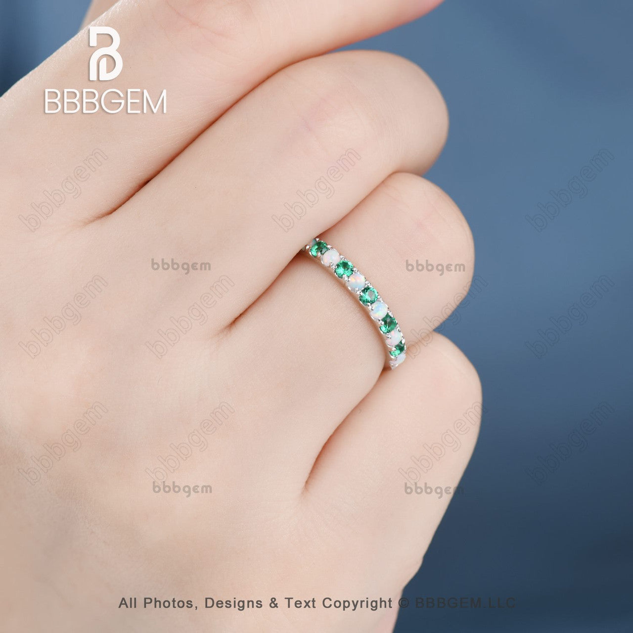 White Gold Opal & Emerald Ring Emerald Half Eternity Band Dainty Opal Ring-bbbgem