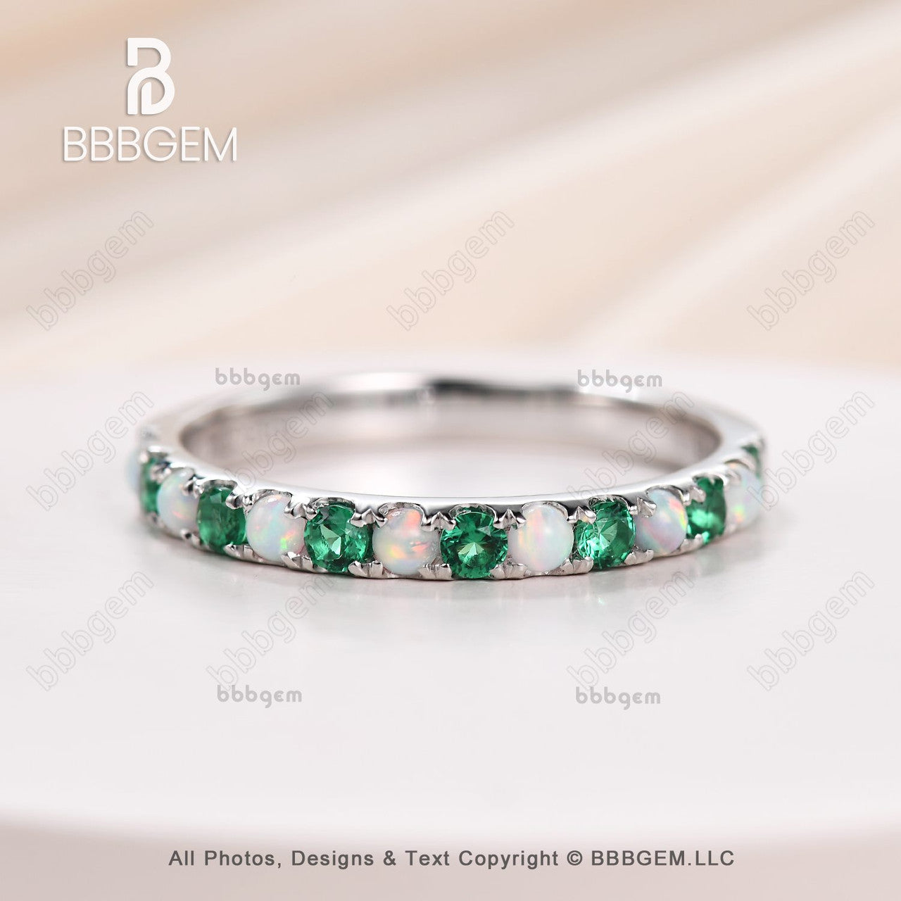 White Gold Opal & Emerald Ring Emerald Half Eternity Band Dainty Opal Ring-bbbgem