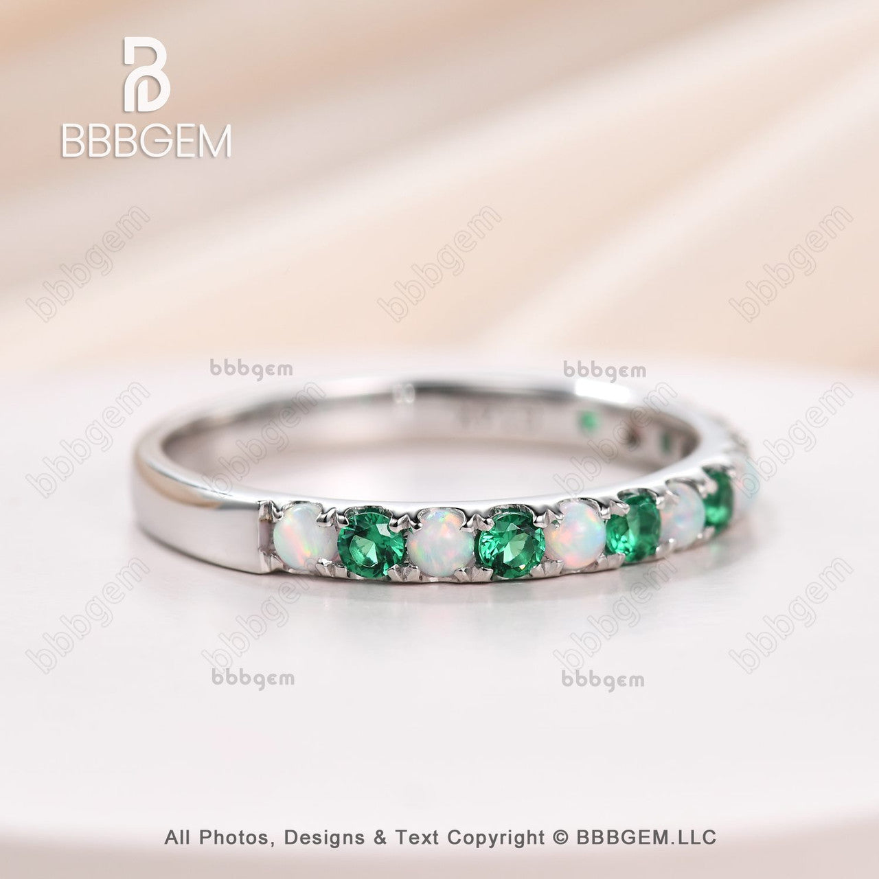 White Gold Opal & Emerald Ring Emerald Half Eternity Band Dainty Opal Ring-bbbgem
