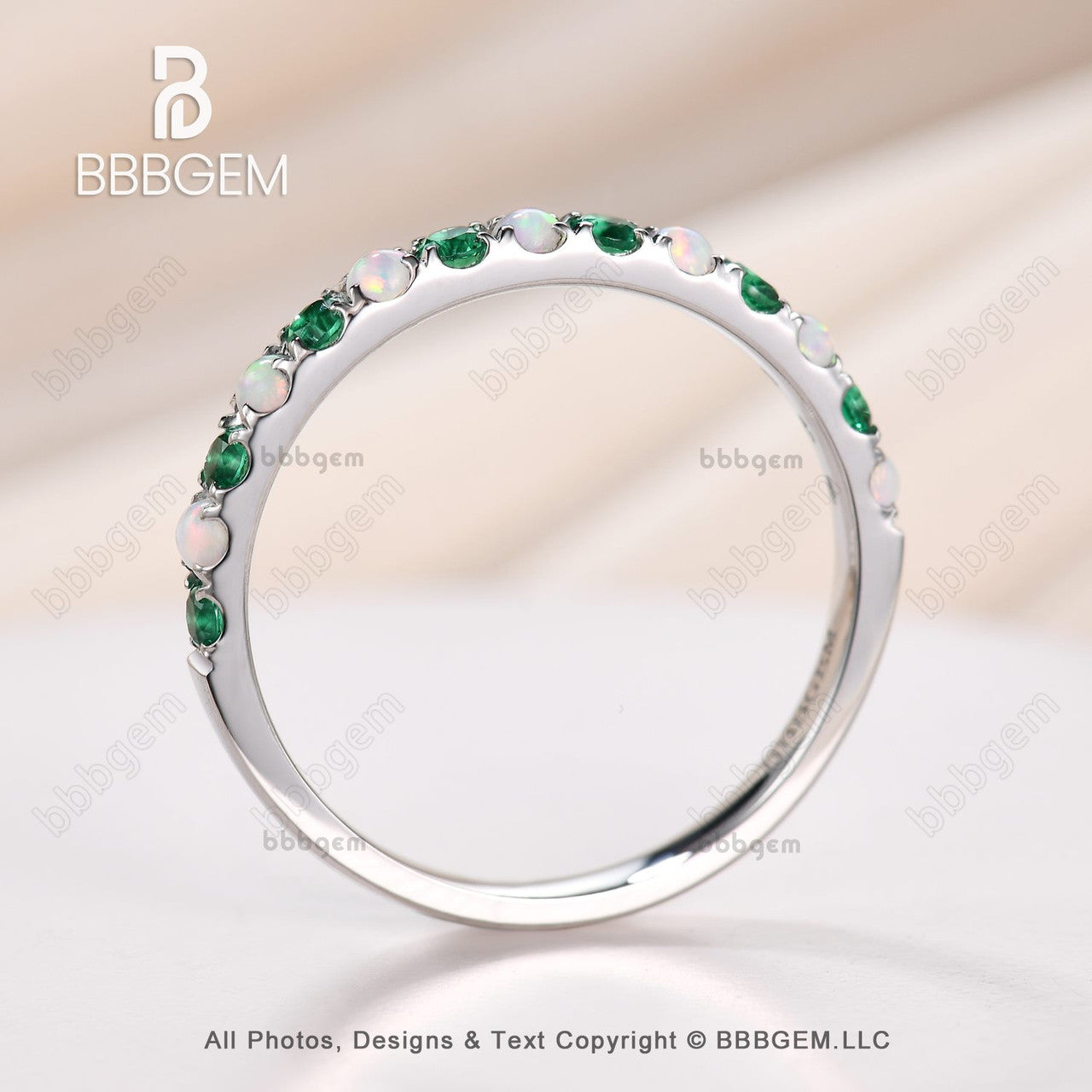 White Gold Opal & Emerald Ring Emerald Half Eternity Band Dainty Opal Ring-bbbgem