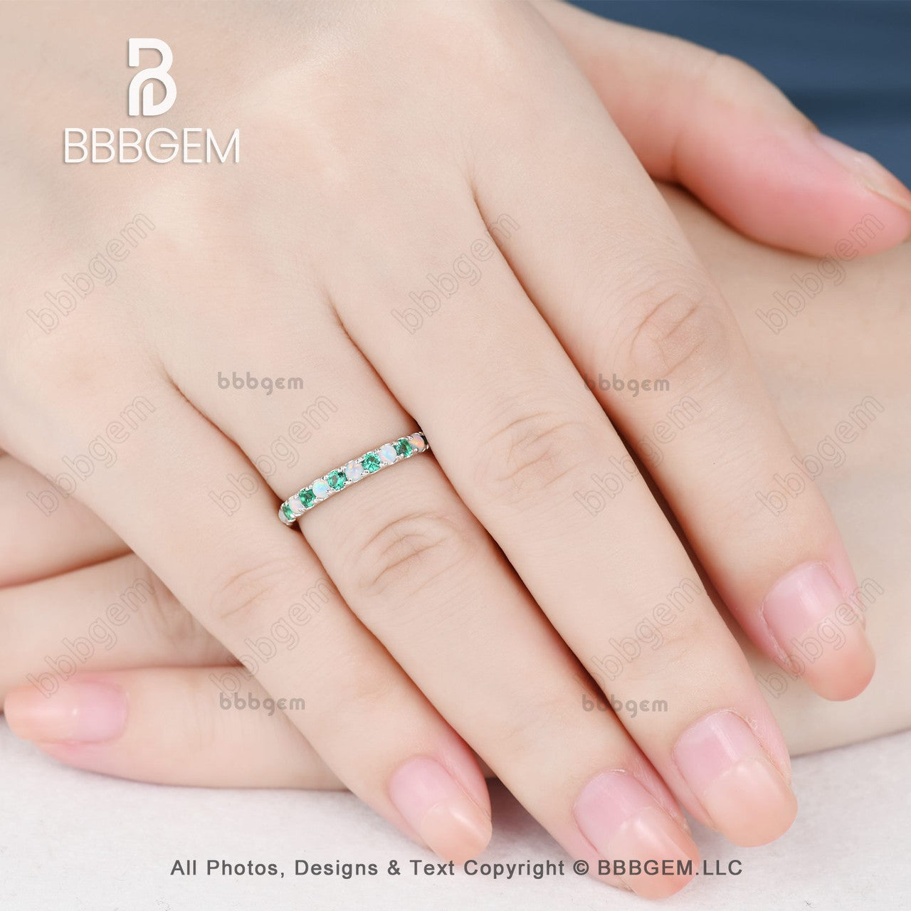 White Gold Opal & Emerald Ring Emerald Half Eternity Band Dainty Opal Ring-bbbgem