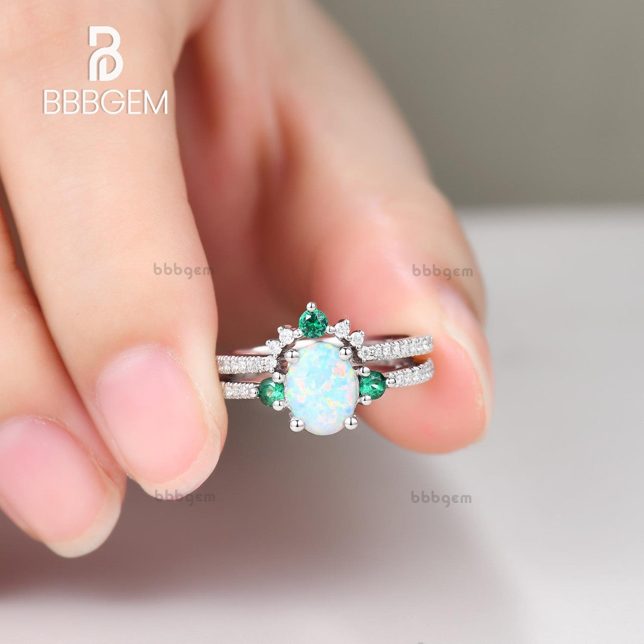 White Gold Opal Ring Set with Lab Emerald Sidestones-Oval Opal Bridal Ring Set-14K White Gold Opal Wedding Ring Set