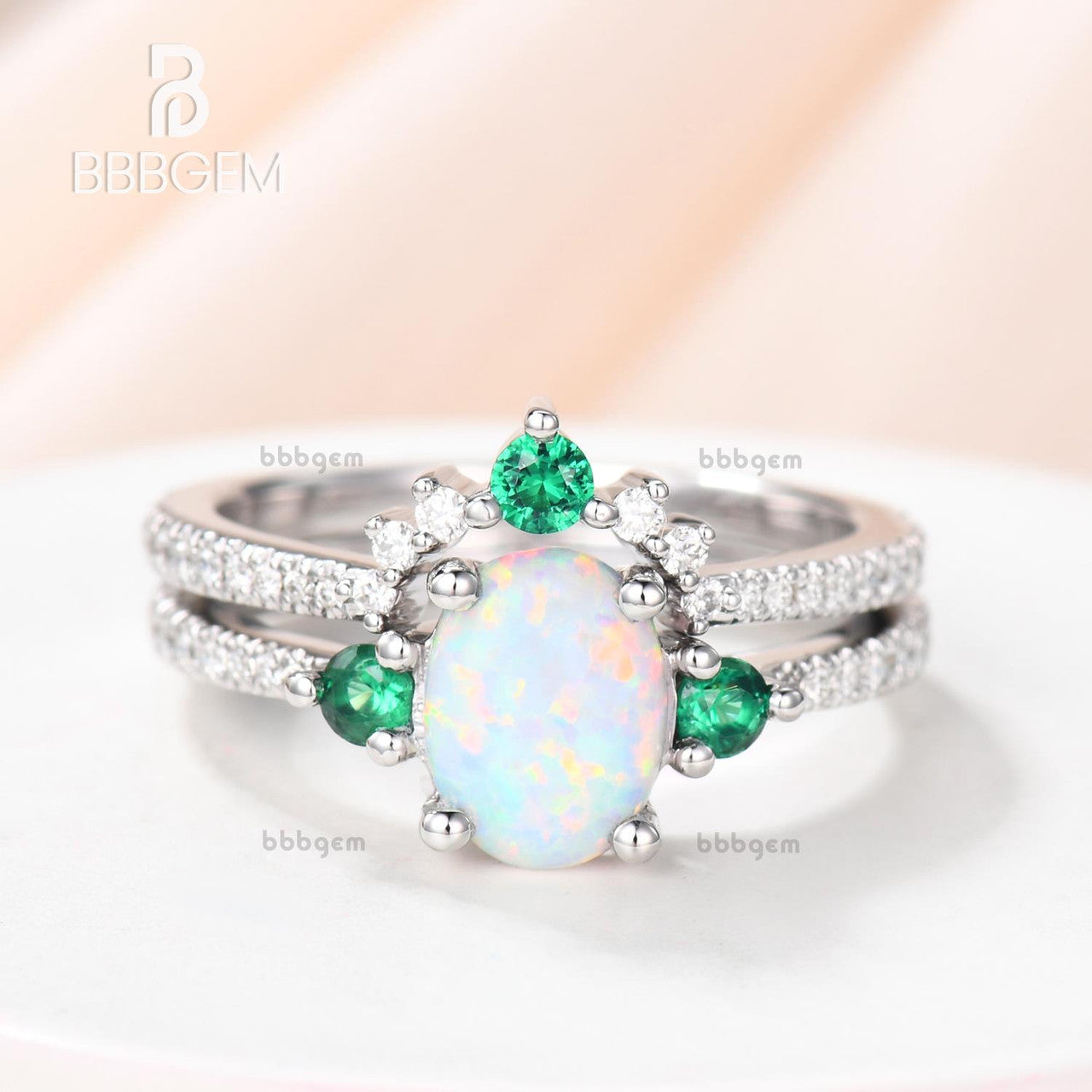 White Gold Opal Ring Set with Lab Emerald Sidestones-Oval Opal Bridal Ring Set-14K White Gold Opal Wedding Ring Set