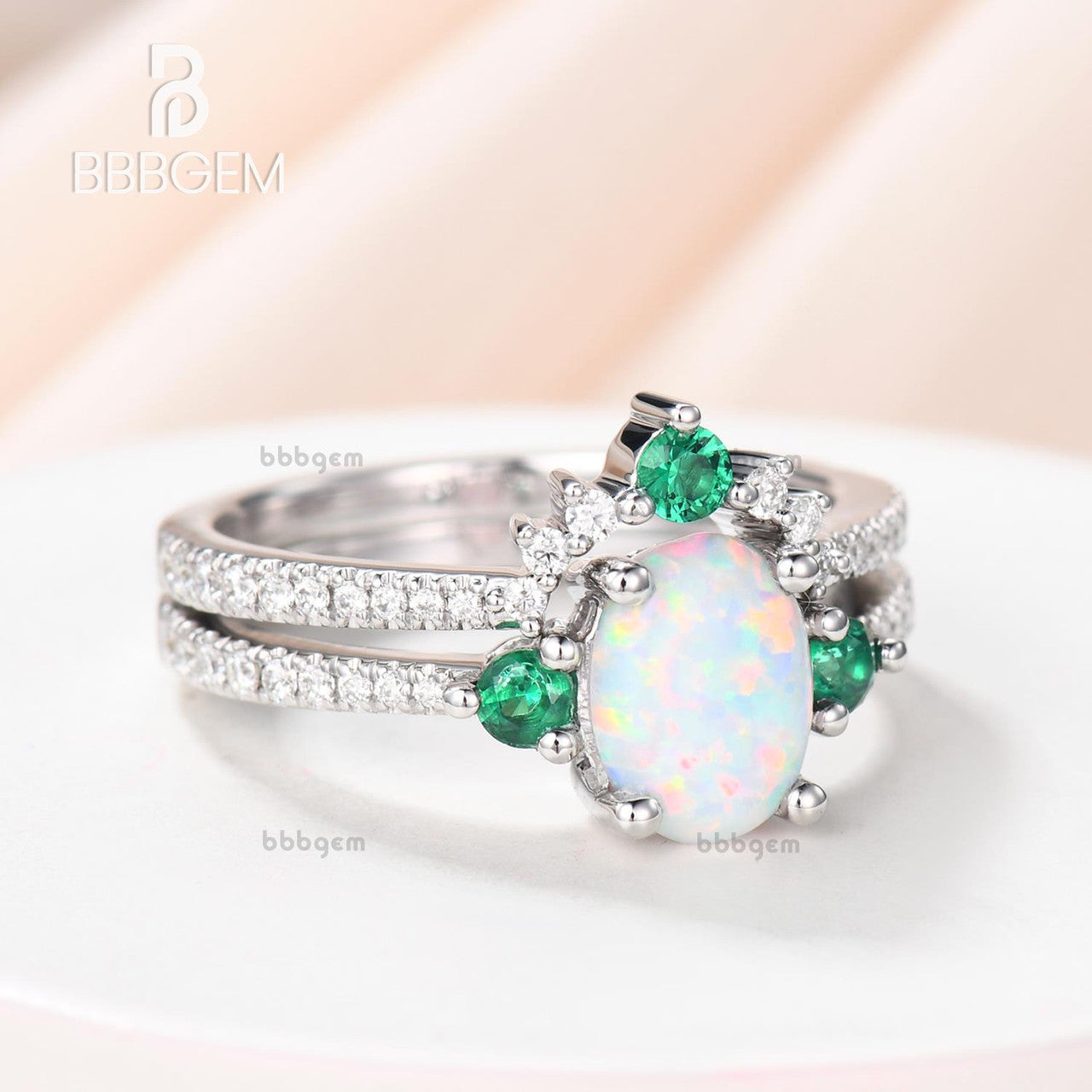 White Gold Opal Ring Set with Lab Emerald Sidestones-Oval Opal Bridal Ring Set-14K White Gold Opal Wedding Ring Set