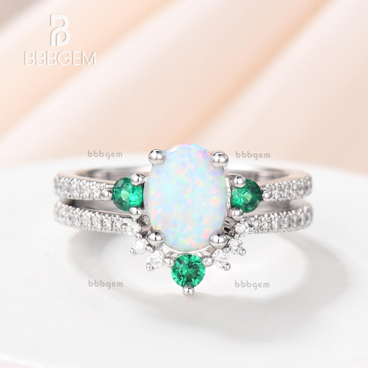 White Gold Opal Ring Set with Lab Emerald Sidestones-Oval Opal Bridal Ring Set-14K White Gold Opal Wedding Ring Set