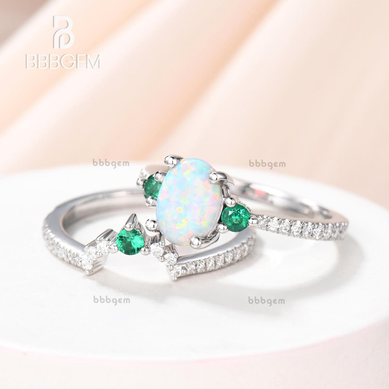 White Gold Opal Ring Set with Lab Emerald Sidestones-Oval Opal Bridal Ring Set-14K White Gold Opal Wedding Ring Set