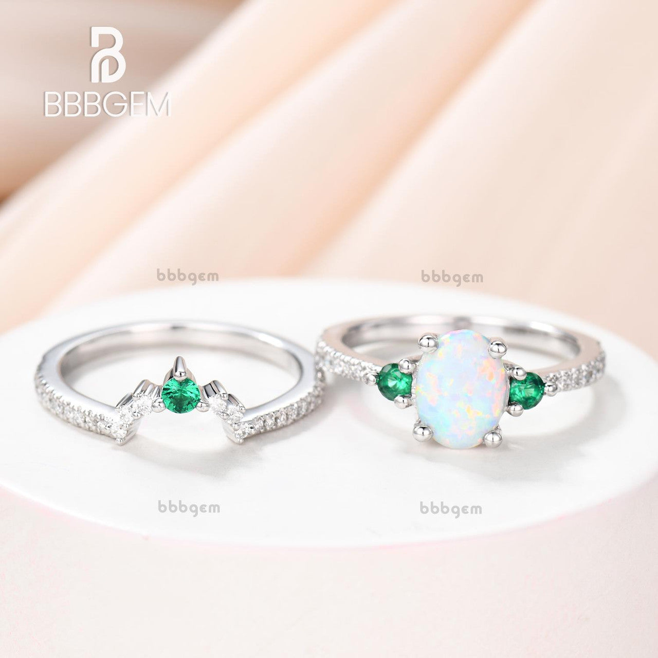 White Gold Opal Ring Set with Lab Emerald Sidestones-Oval Opal Bridal Ring Set-14K White Gold Opal Wedding Ring Set