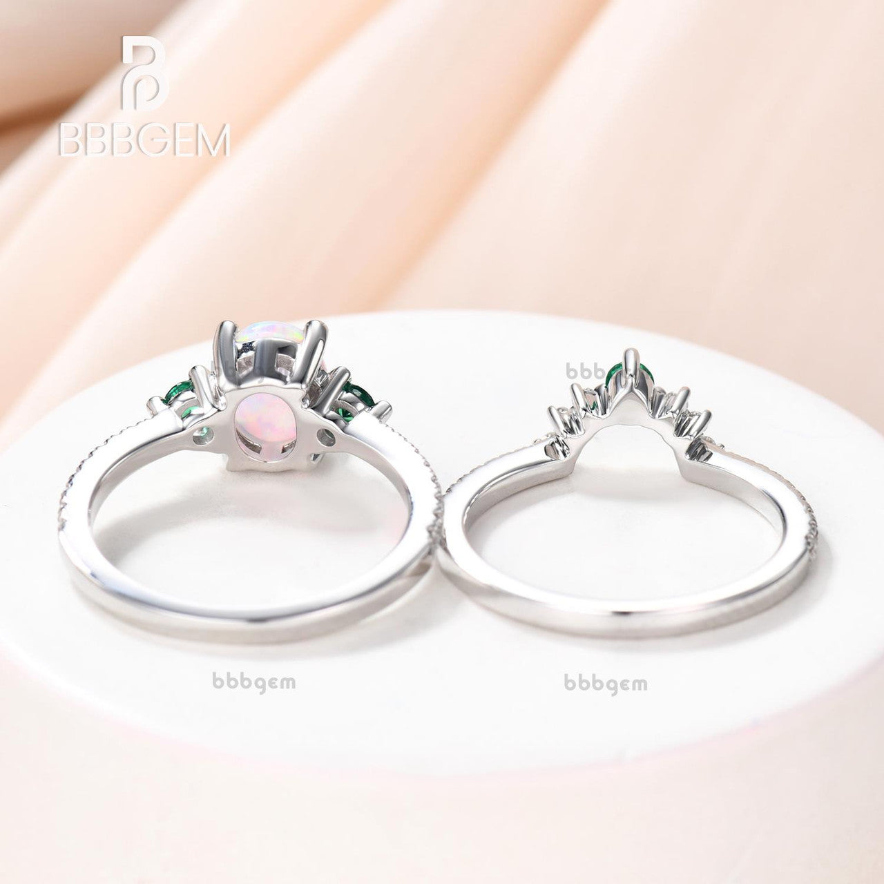 White Gold Opal Ring Set with Lab Emerald Sidestones-Oval Opal Bridal Ring Set-14K White Gold Opal Wedding Ring Set
