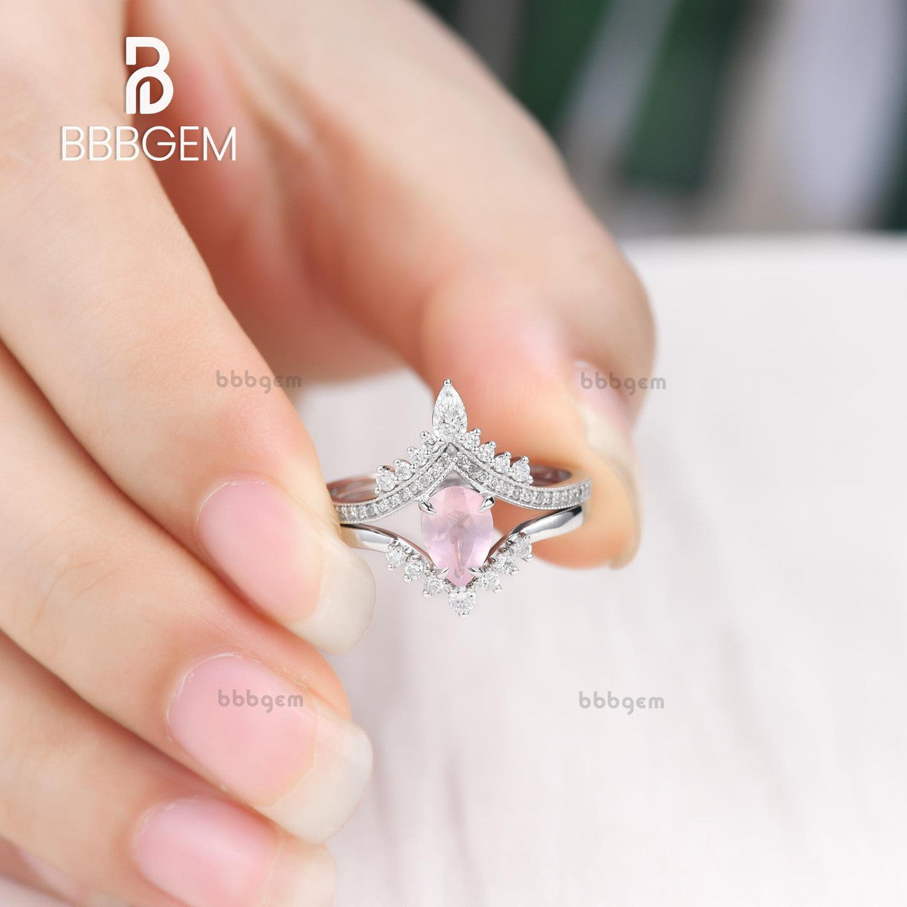 White Gold Rose Quartz Bridal Set-pear cut rose quartz wedding ring sets-2pcs rose quartz crystal wedding ring sets
