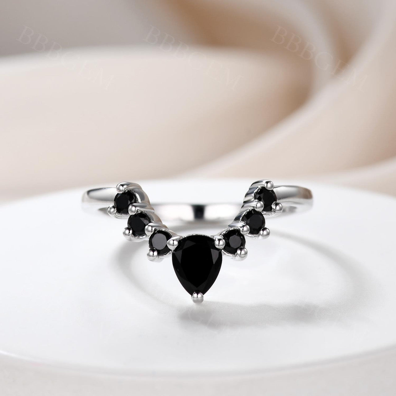 Women Stacking Band Pear Black Cubic Zirconia Round Diamond S925 Sterling Silver White Gold Band-Curve Black Diamond Silver Band