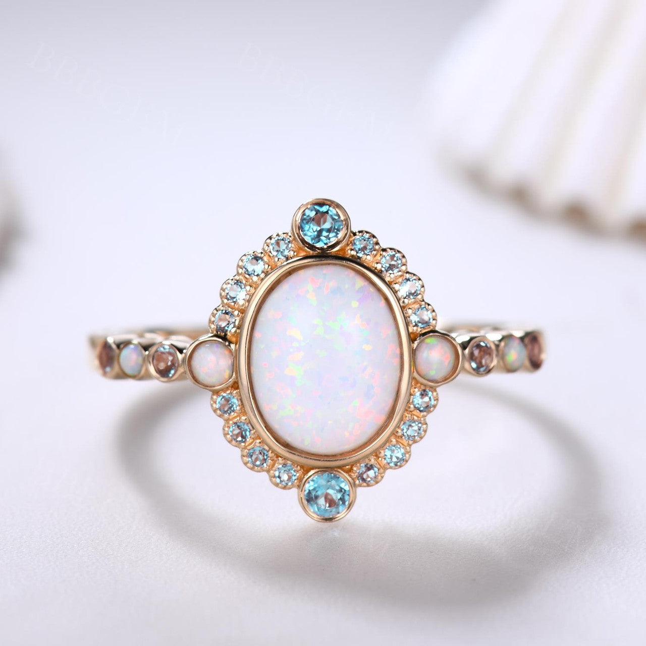 Vintage Bezel Opal And London Blue Topaz Engagement Ring 14k BBBGEM