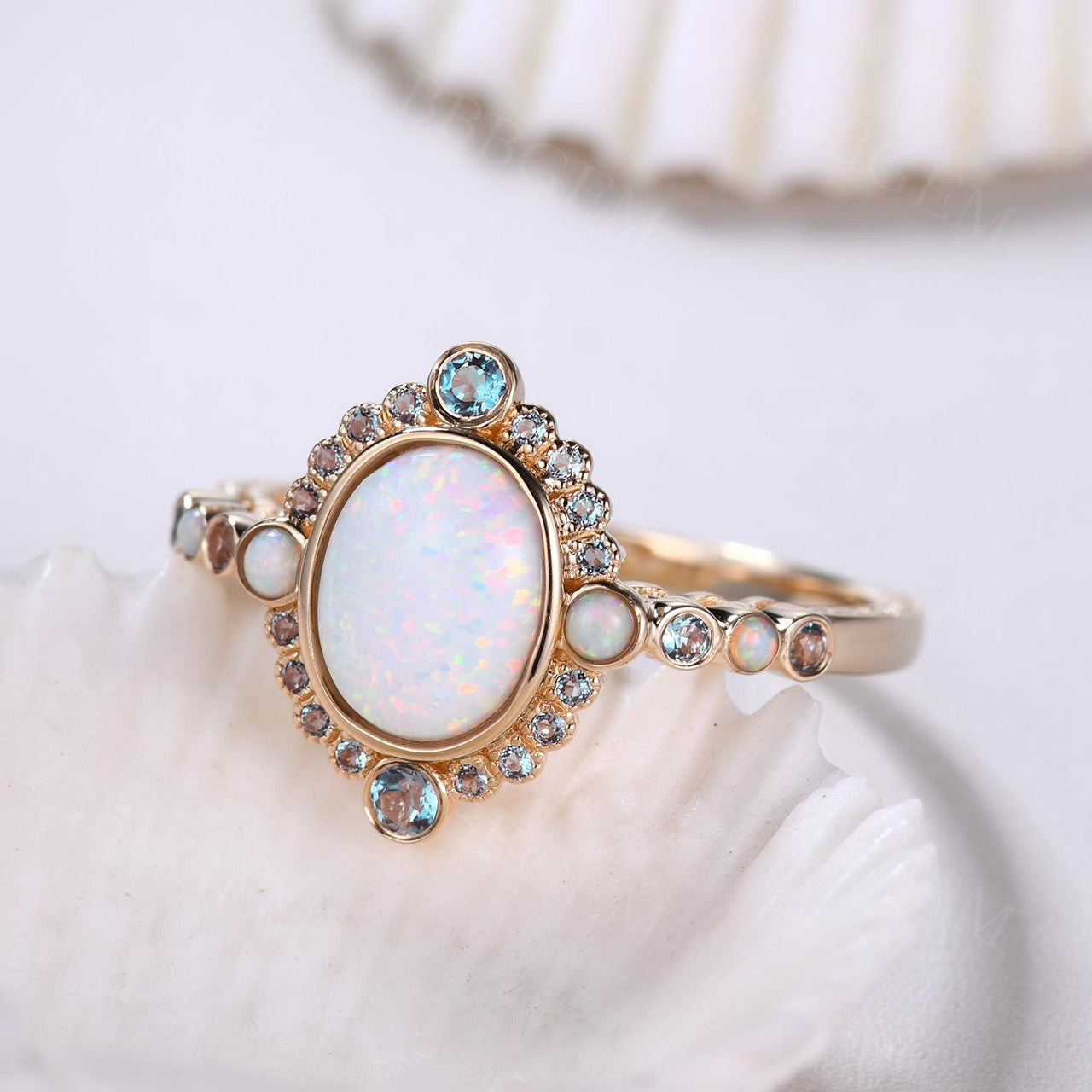 Yellow Gold Lab Opal and Topaz Engagement Ring- Halo Bezel Opal Wedding Ring-BBBGEM Opal Women Statement Rings