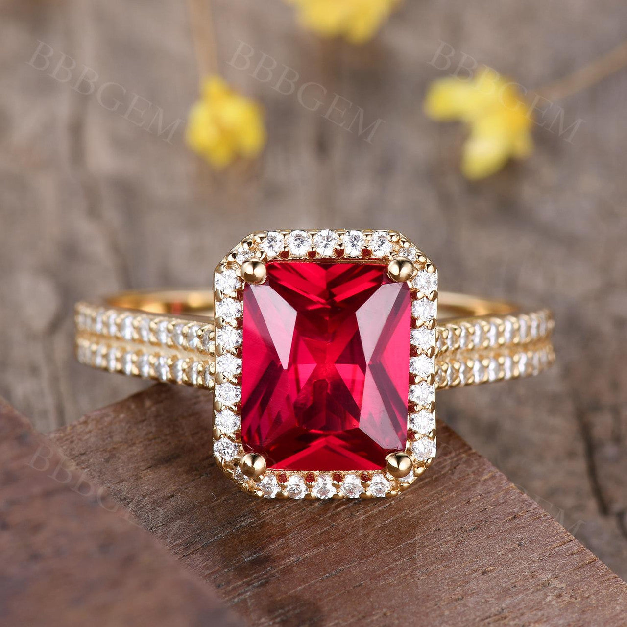 Yellow gold 14k ring-ruby engagement rings-diamond halo emerald cut ruby rings-bbbgem jewelry
