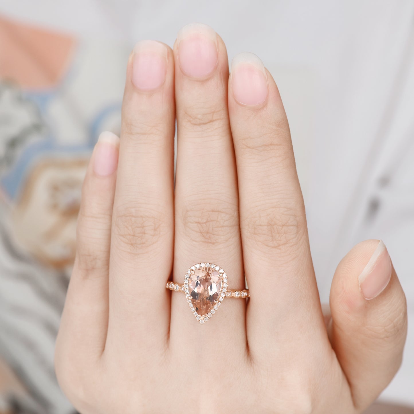 Art Deco 7x10mm Teardrop Morganite Engagement Ring Rose Gold Milgrain Diamond