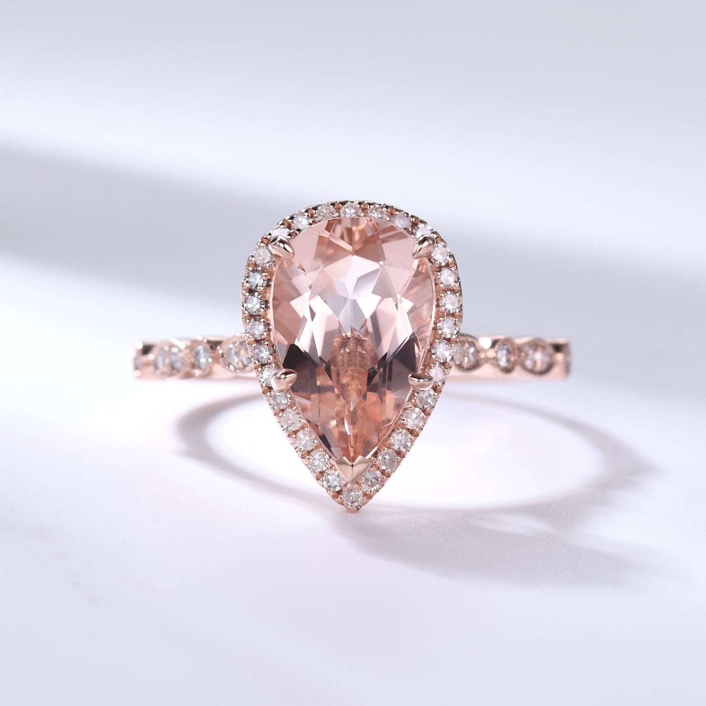 7x10mm Teardrop Morganite and Diamond Engagement Ring Petite Milgrain