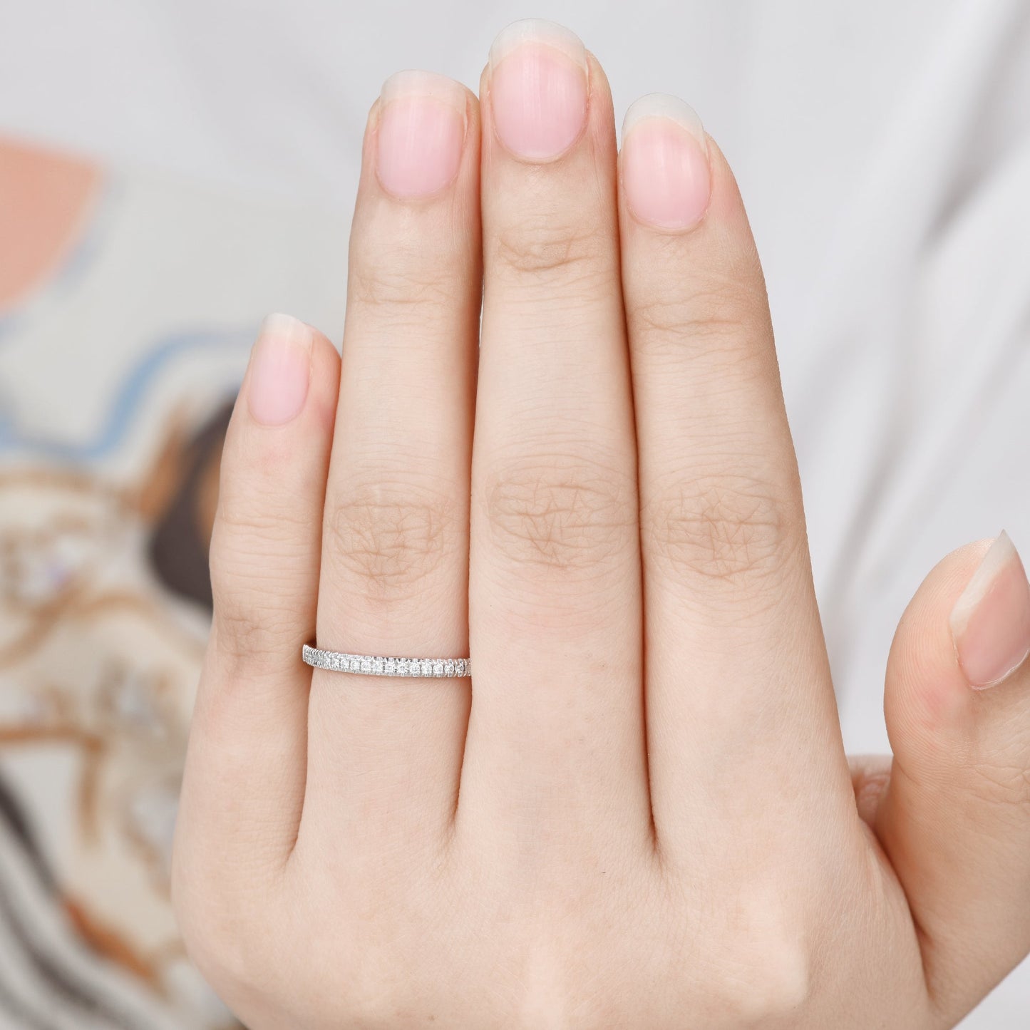 Round Diamond Wedding Ring Solid 14K White gold Half Eternity Bridal Ring