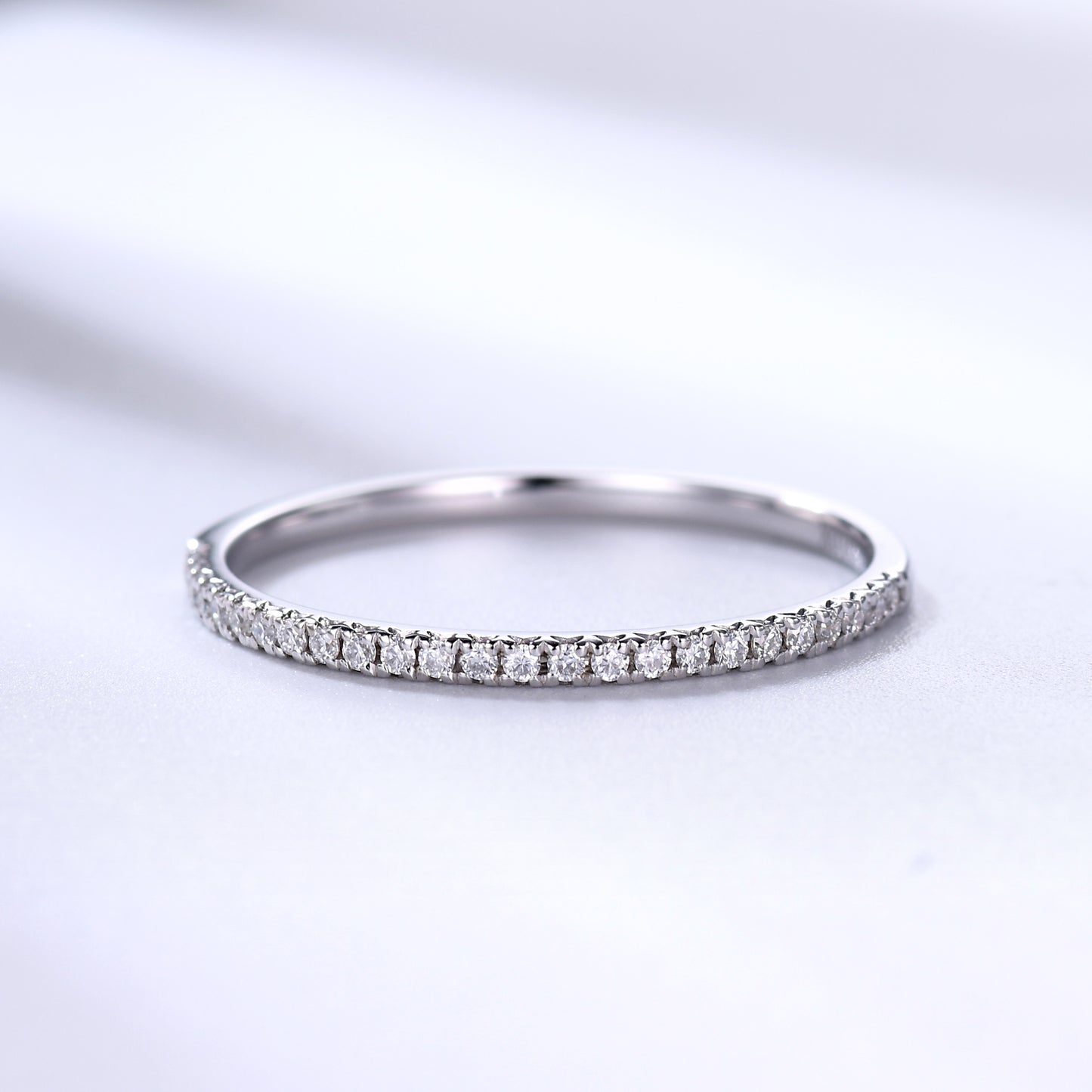 Petite V Pave Diamond Wedding Ring Solid 14K White gold Half Eternity Ring