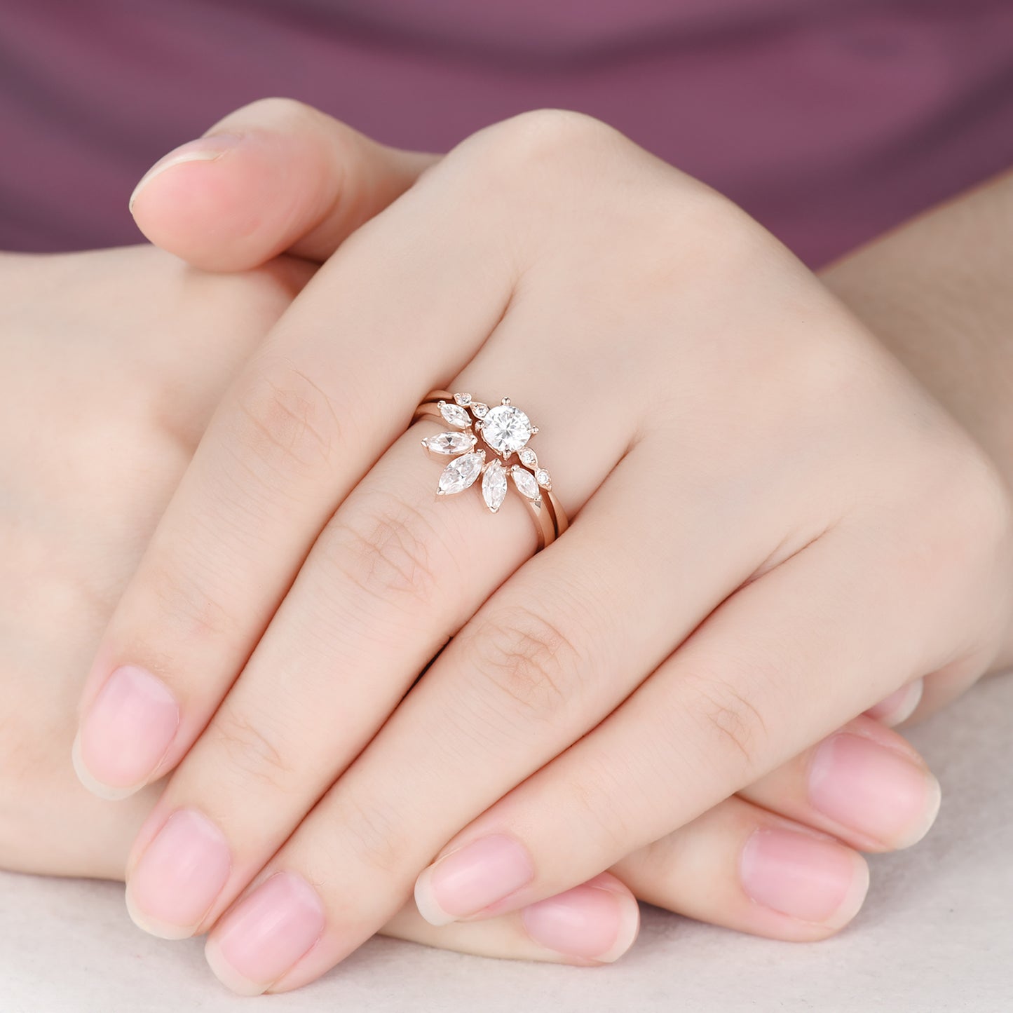 Cluster Marquise Moissanite Wedding Band Curved Chevron Matching Band for Women