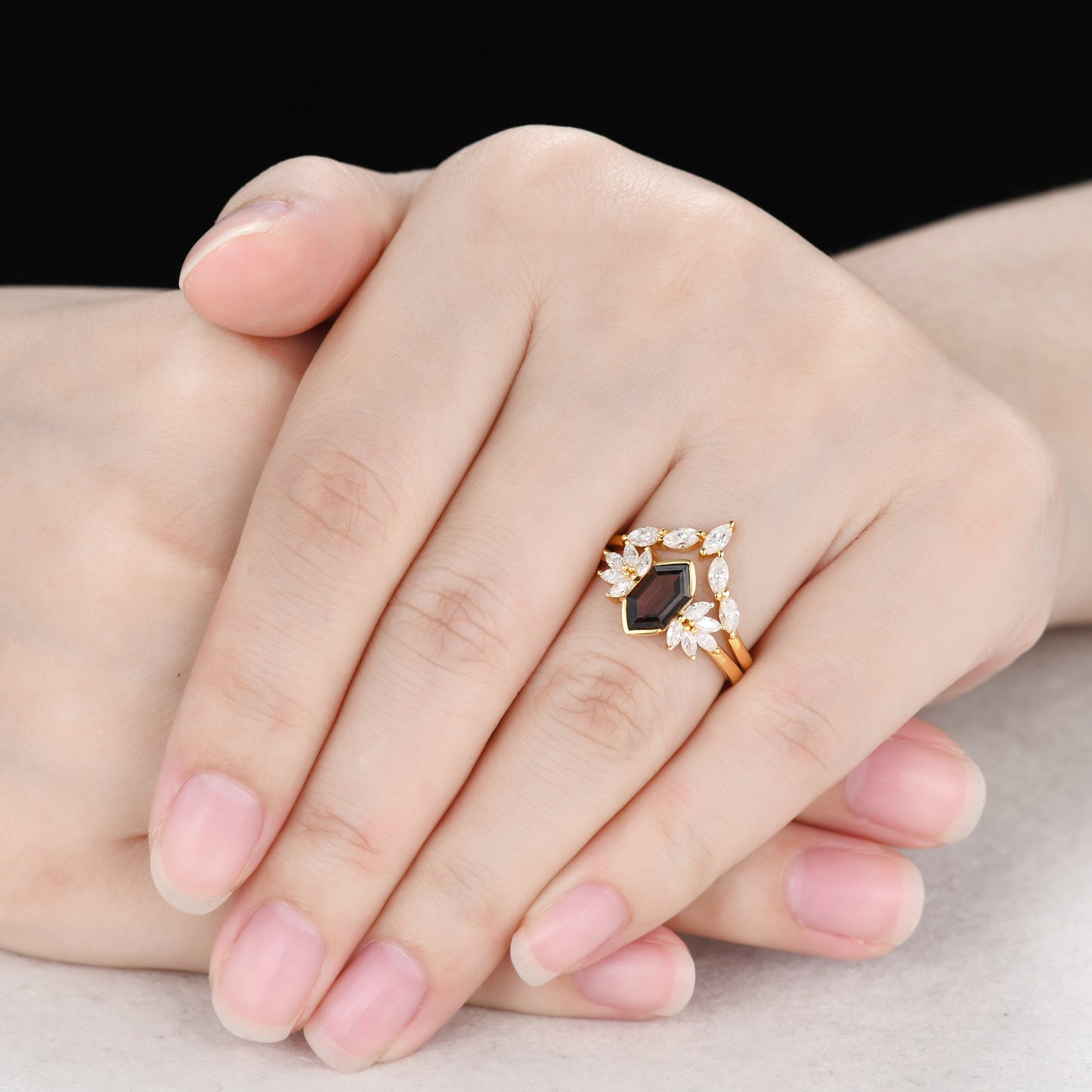 Yellow Gold Marquise Moissanite Wedding Ring Curved Chevron Matching Band for Women