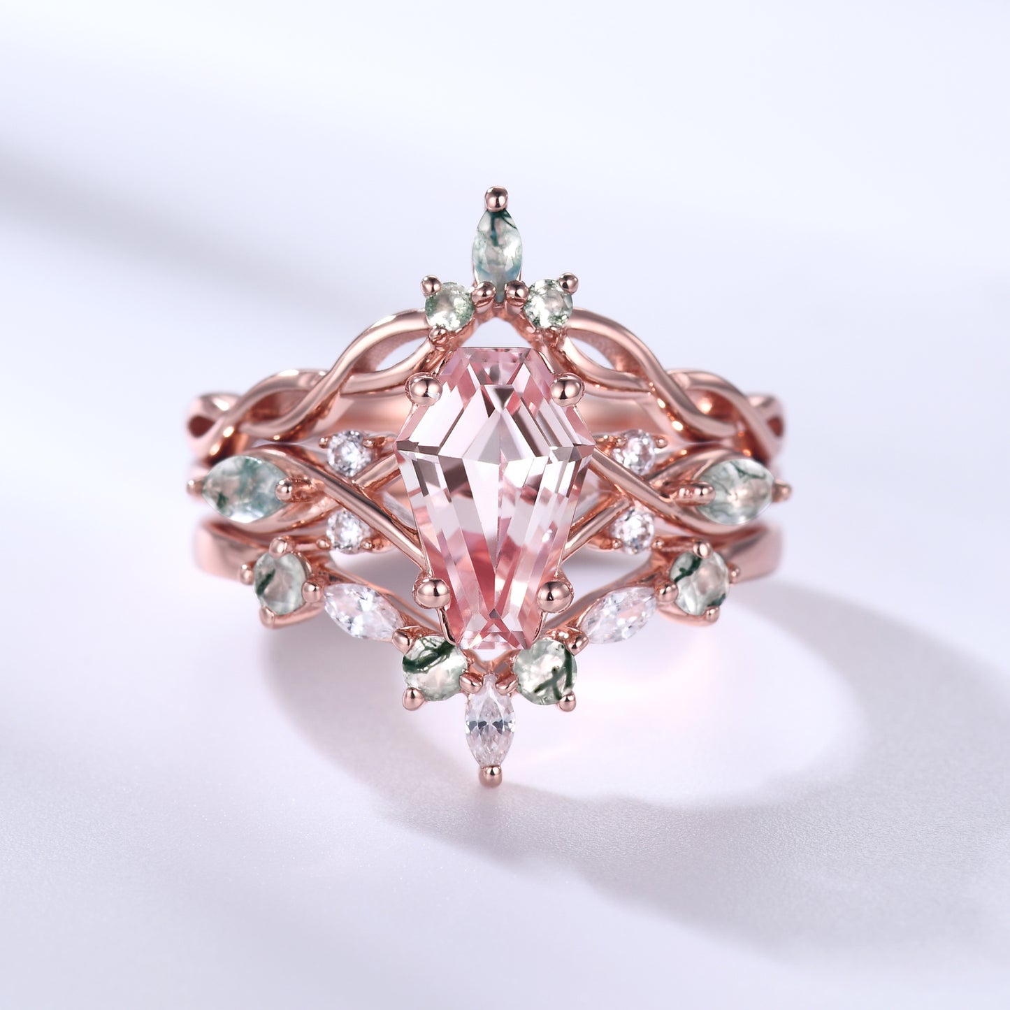 Coffin Shaped Morganite Engagement Ring Rose Gold Moss Agate Nature Inspired