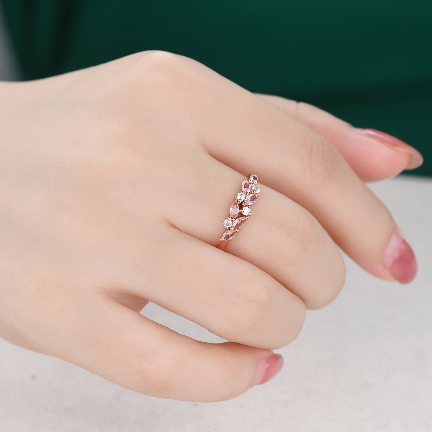 Retro Vintage Morganite Moissanite Wedding Band 14k Rose Gold Dainty Ring for Women