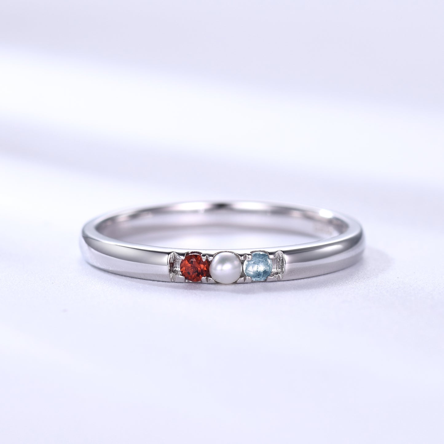 2mm Family Birthstone Ring Garnet Pearl Topaz Band 14k White Gold Gifts for Women