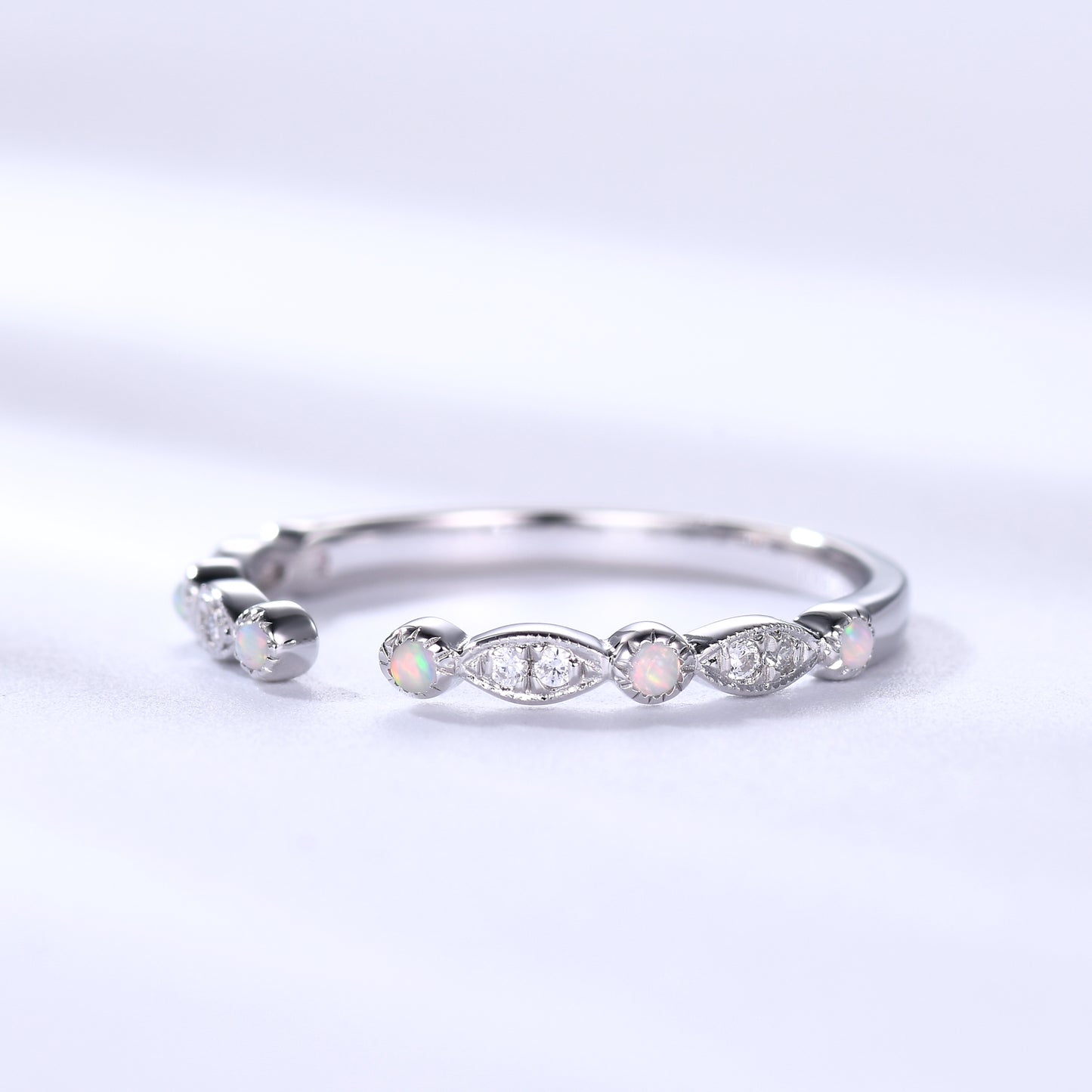 Art Deco Opal Diamond Wedding Band 14k 18k White Gold Unique Open Cuff Bridal Ring