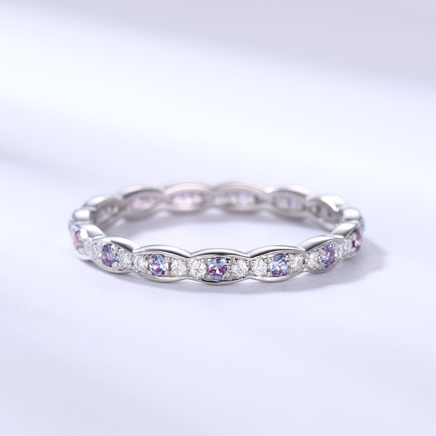 Alexandrite Moissanite Full Eternity Band Gemstone Wedding Ring Family Birthstone White Gold