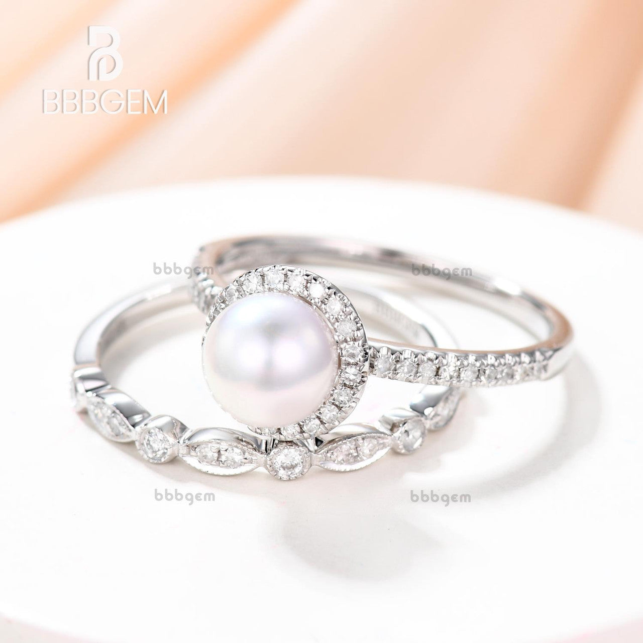 akoya pearl engagement rings set-pearl and diamond engagement ring-mother gift pearl ring set white gold