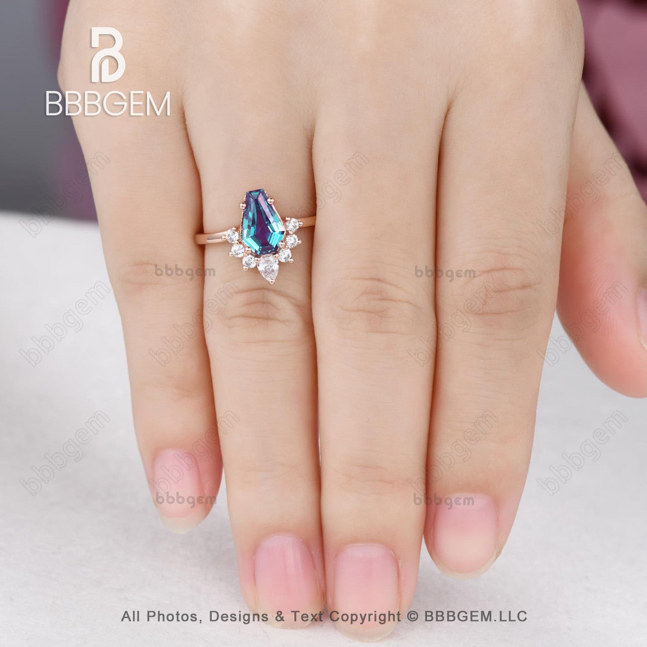 rose gold coffin ring set-black diamond ring-alexandrite coffin engagement ring rose gold