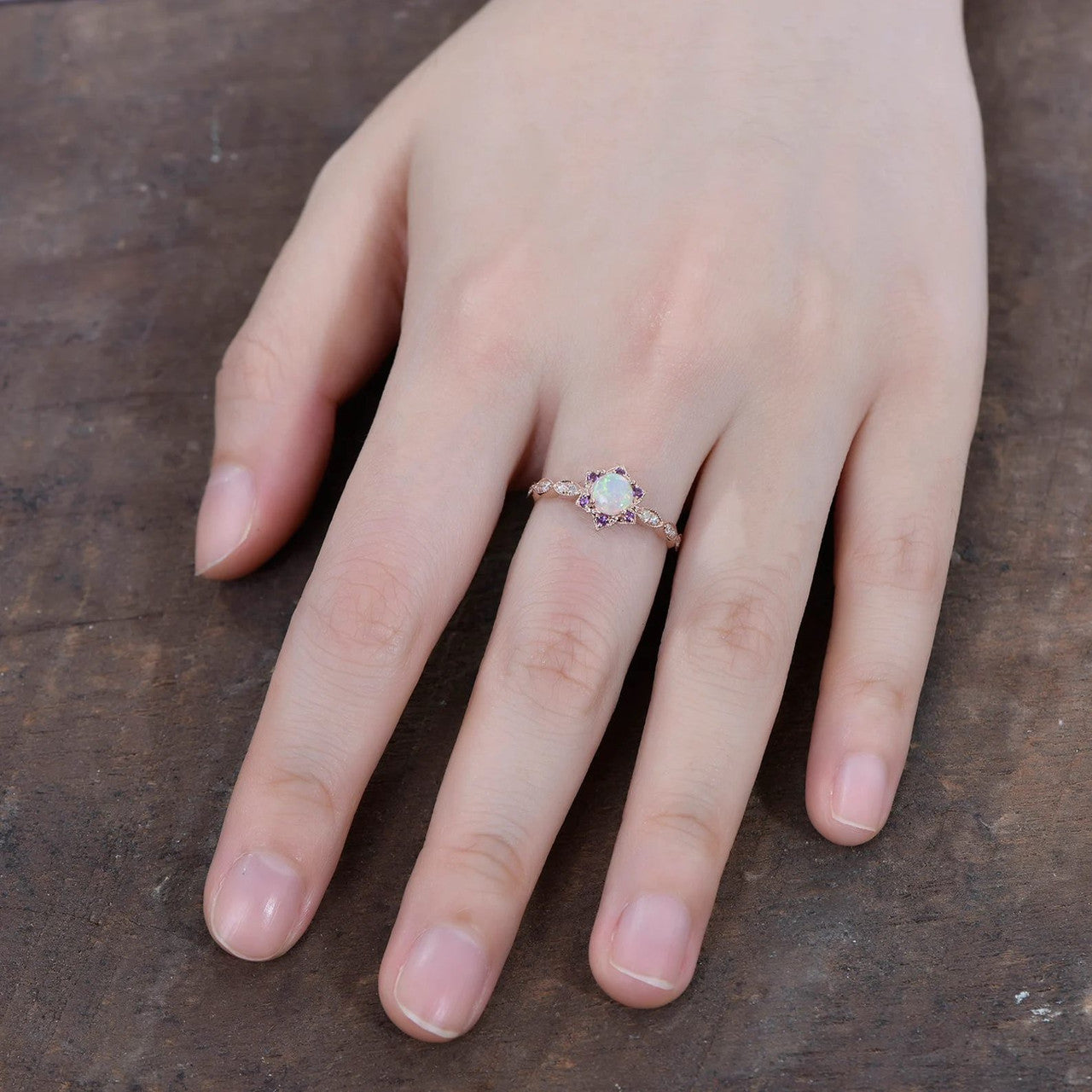 amethyst flower ring-natural opal ring-nature floral engagement ring-BBBGEM Australian Natural Opal Rings