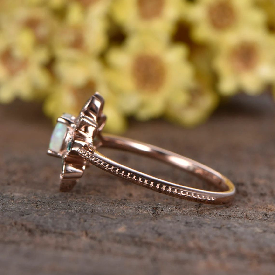australian opal jewelry-nature flower opal emerald ring-natural opal ring floral-bbbgem australian boulder opal ring