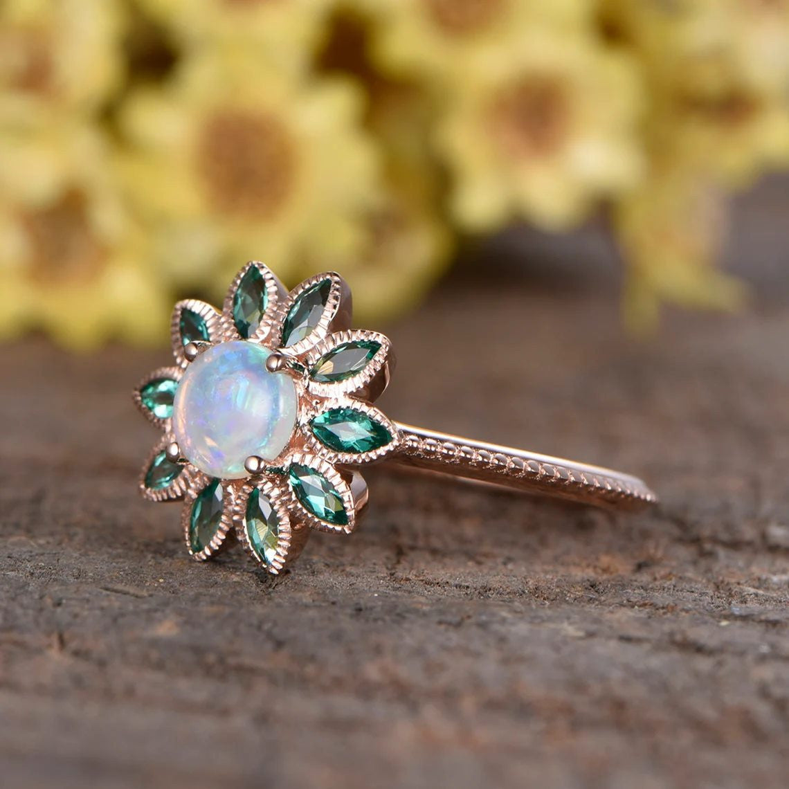australian opal jewelry-nature flower opal emerald ring-natural opal ring floral-bbbgem australian boulder opal ring