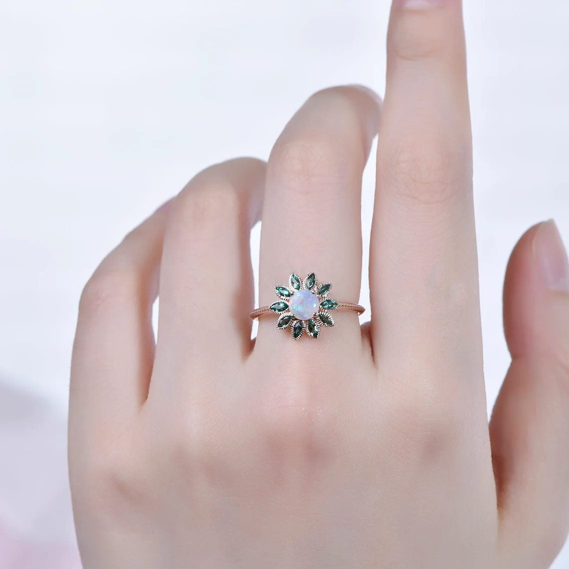 australian opal jewelry-nature flower opal emerald ring-natural opal ring floral-bbbgem australian boulder opal ring