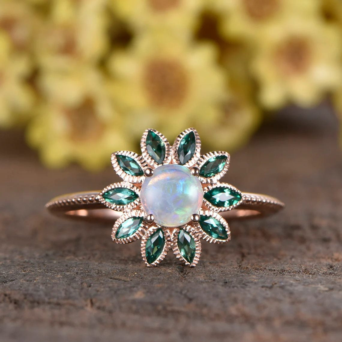 australian opal jewelry-nature flower opal emerald ring-natural opal ring floral-bbbgem australian boulder opal ring
