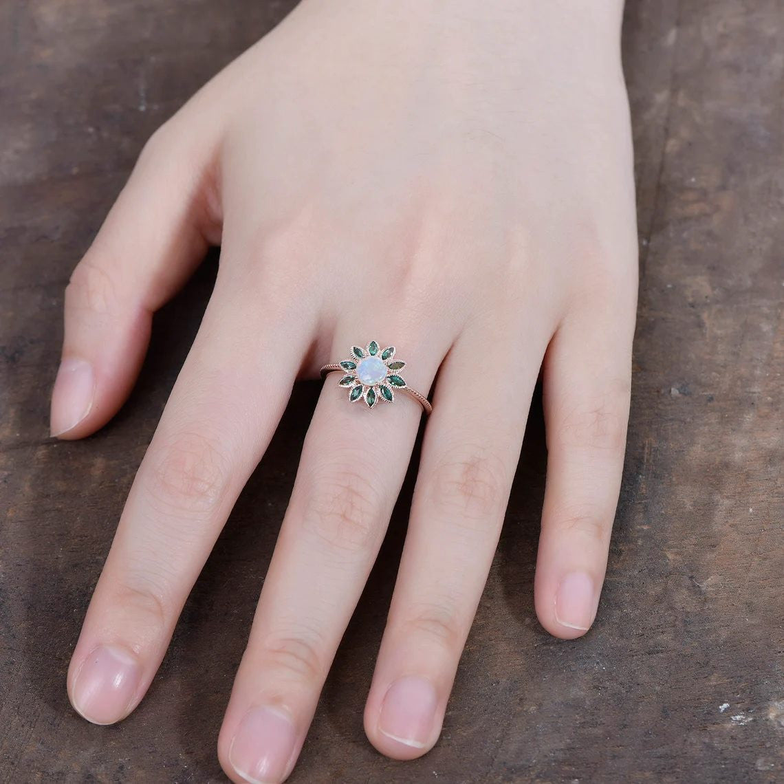 australian opal jewelry-nature flower opal emerald ring-natural opal ring floral-bbbgem australian boulder opal ring
