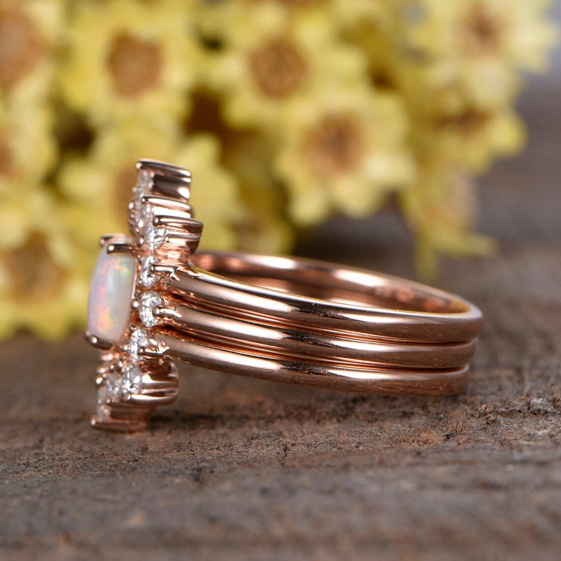 australian opal ring-oval natural opal ring set -australian fire opal ring sets-bbbgem natural opal