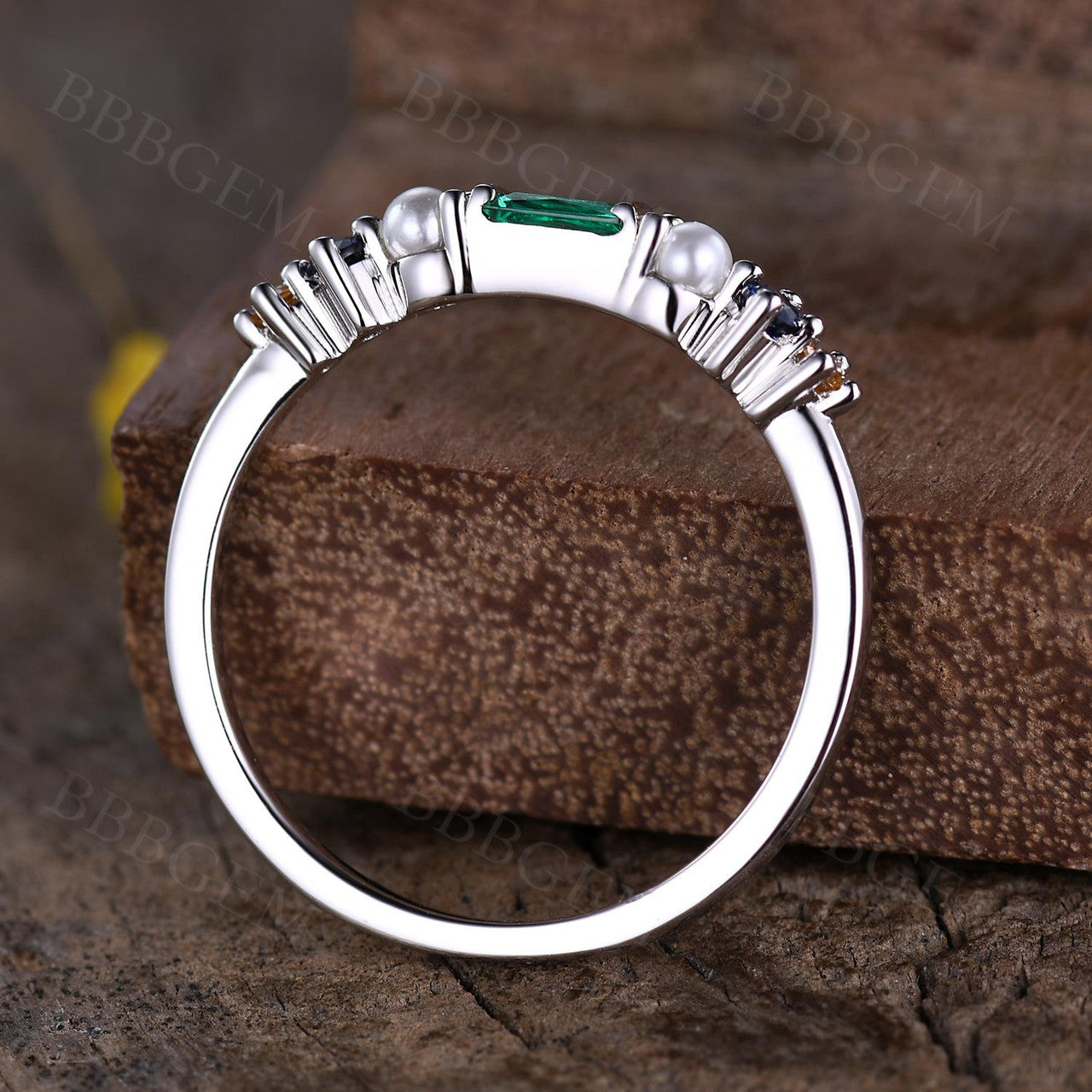 baguette emerald and pearl wedding band-rainbow gemstone ring-bbbgem multi gem ring white gold band