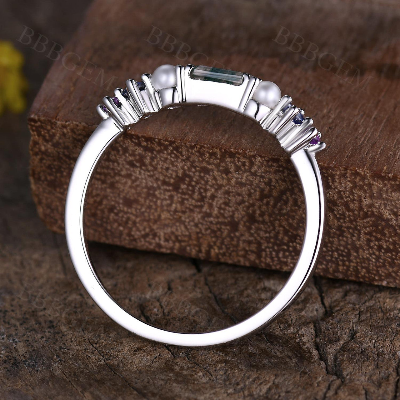 Baguette cut moss agate wedding band-multi gem ring white gold-rainbow multi color gemstones ring band-bbbgem jewelry