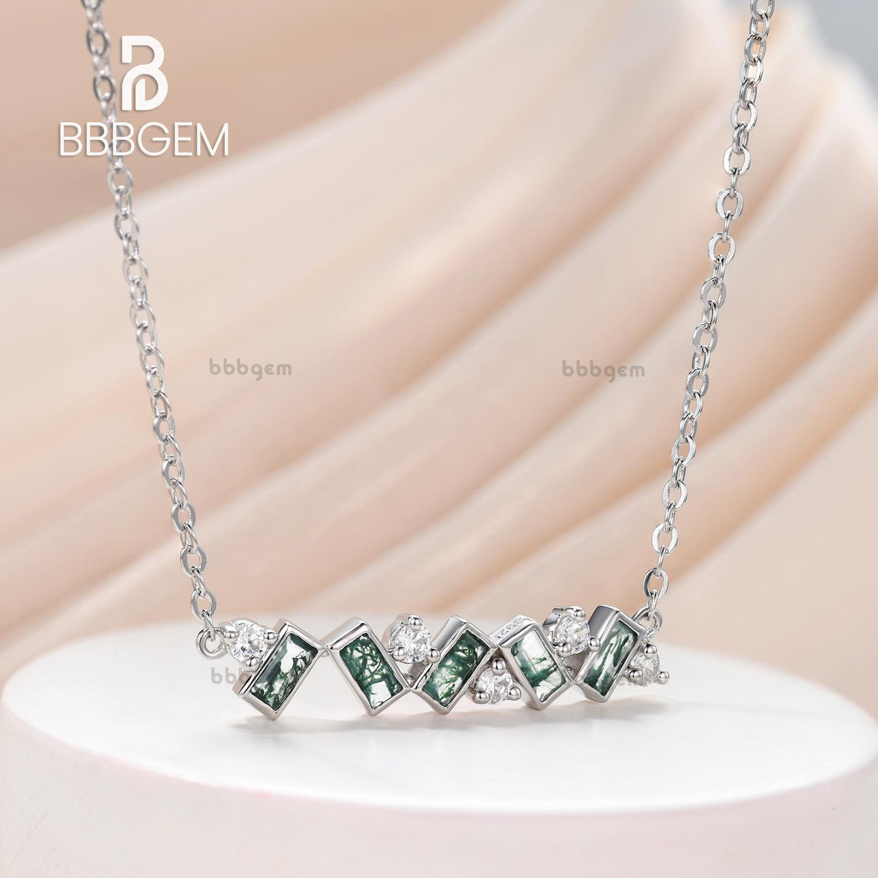 baguette moss agate pendant scatter necklace-natural moss agate bar necklace in white gold