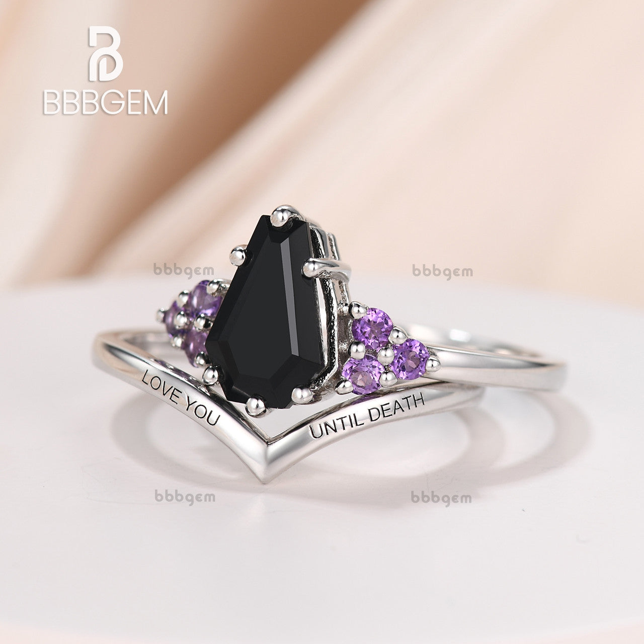 black onyx coffin ring white gold-coffin ring onyx-black coffin ring with amethyst cluster-black coffin engagement ring-bbbgem ring