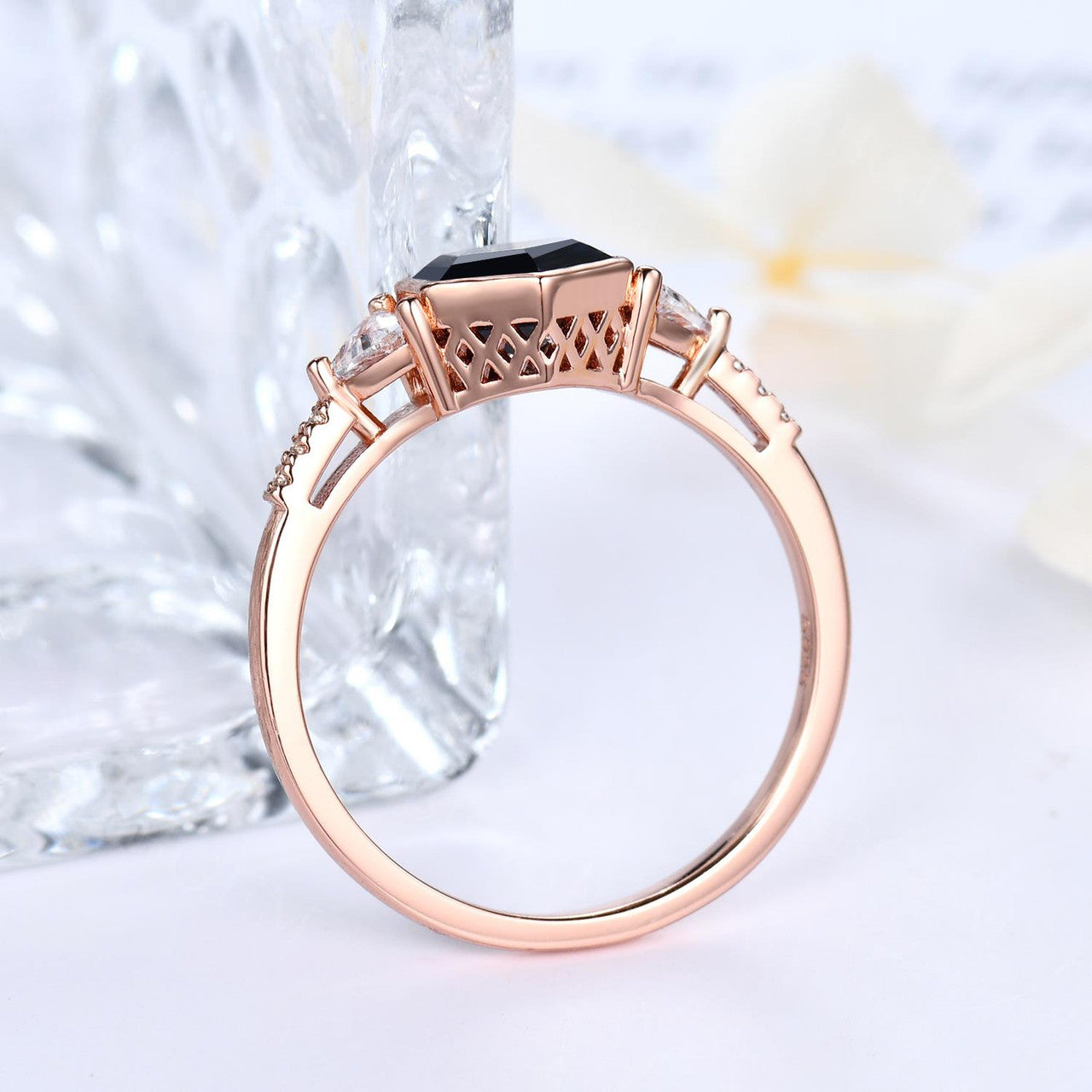 black onyx jewelry-hexagon shape onyx ring-hexagon onyx trillion moissanite side stone gold ring-bbbgem jewelry