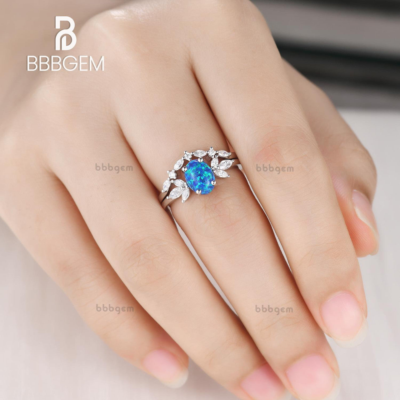 black opal moissanite engagament ring sets-black opal wedding ring set-oval opal bridal set white gold