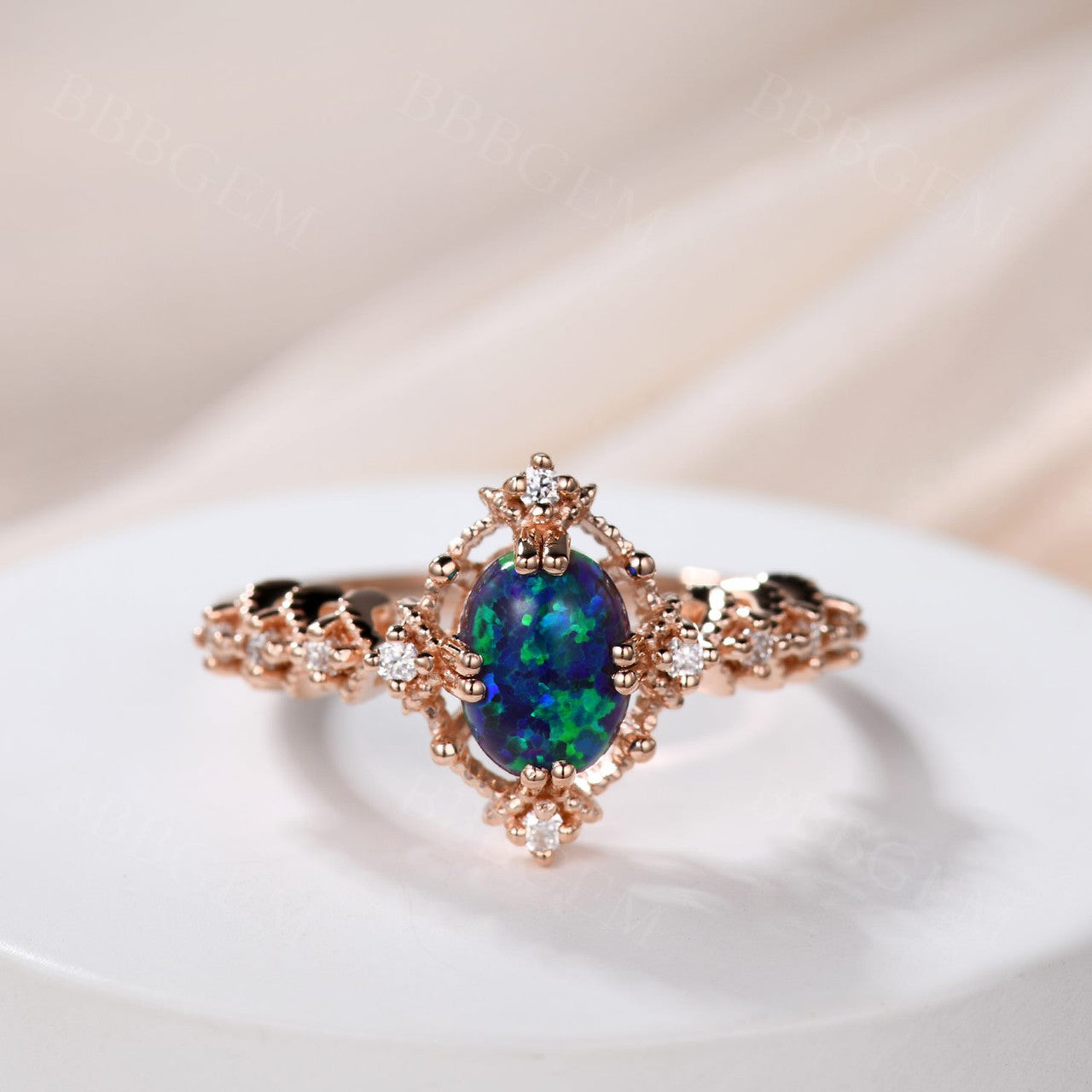 Vintage Black Opal Moissanite/Diamond Engagement Ring Set BBBGEM