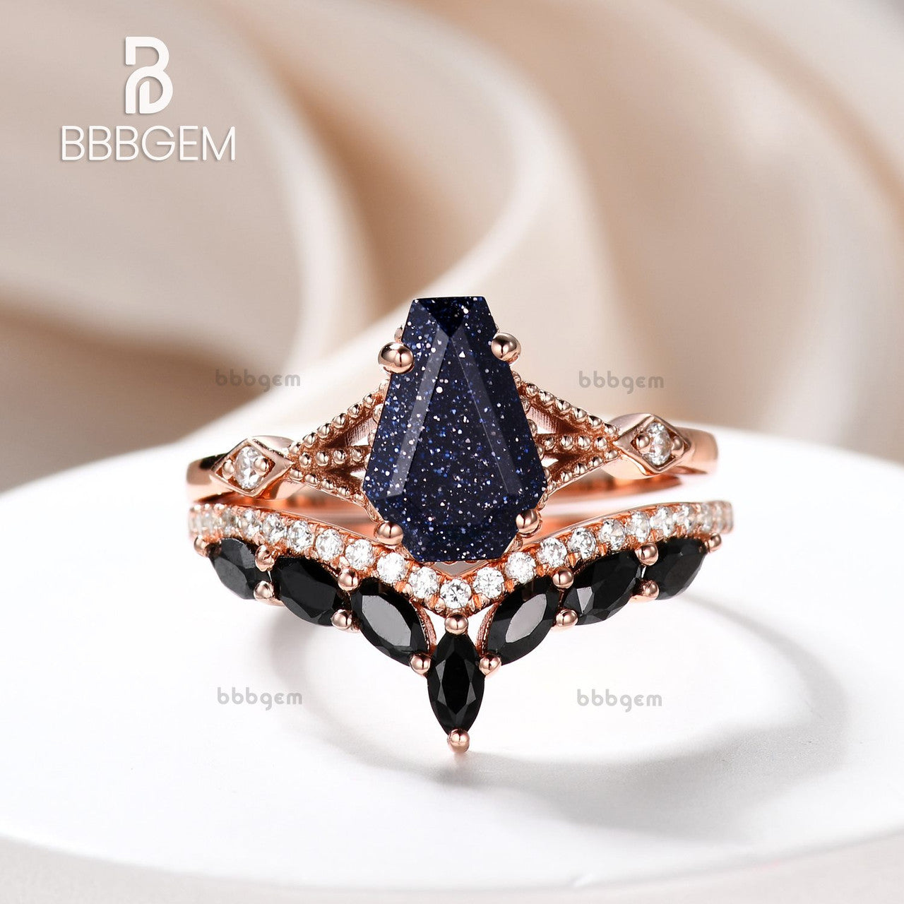 Skull Blue Sandstone Coffin Wedding Ring Set Black Spinel Band| BBBGEM